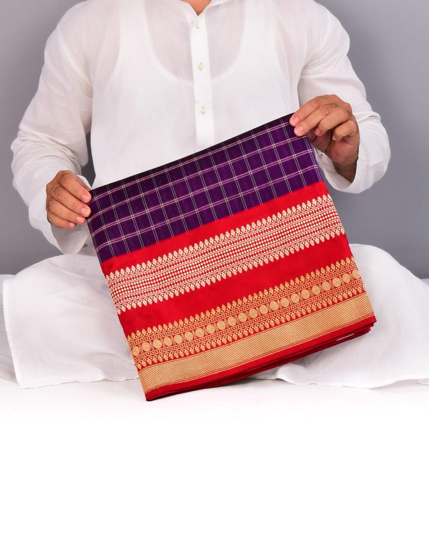 Purple Banarasi Chequered Kadhuan Brocade Handwoven Kora Silk Saree with Red Border Pallu - By HolyWeaves, Benares