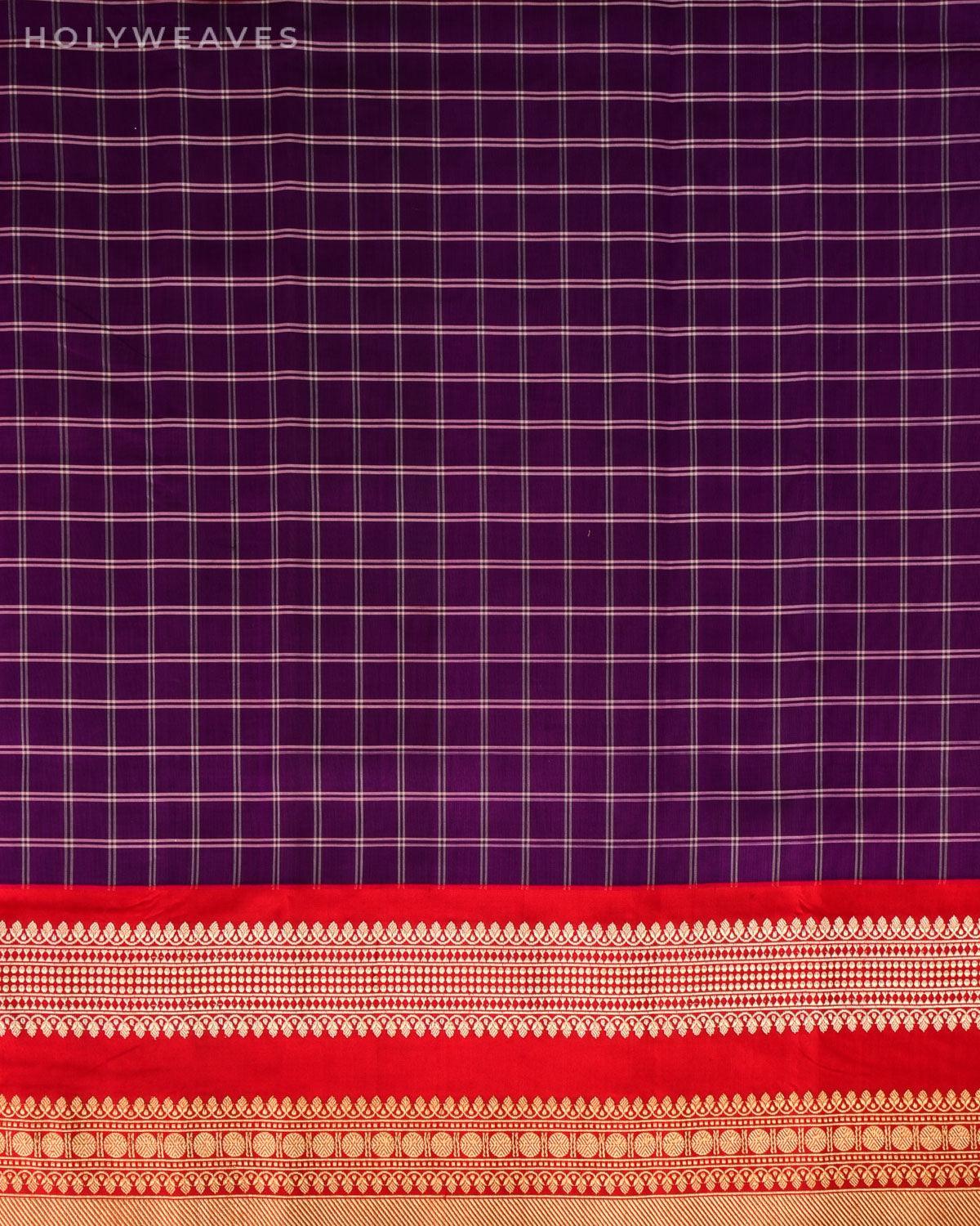 Purple Banarasi Chequered Kadhuan Brocade Handwoven Kora Silk Saree with Red Border Pallu - By HolyWeaves, Benares
