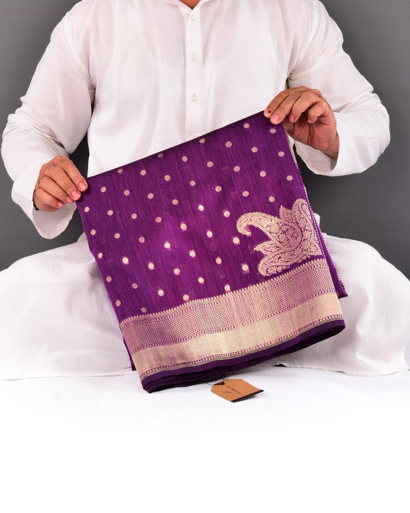 Purple Banarasi Cutwork Brocade Handwoven Raw Silk Saree with Koniya Buta - By HolyWeaves, Benares