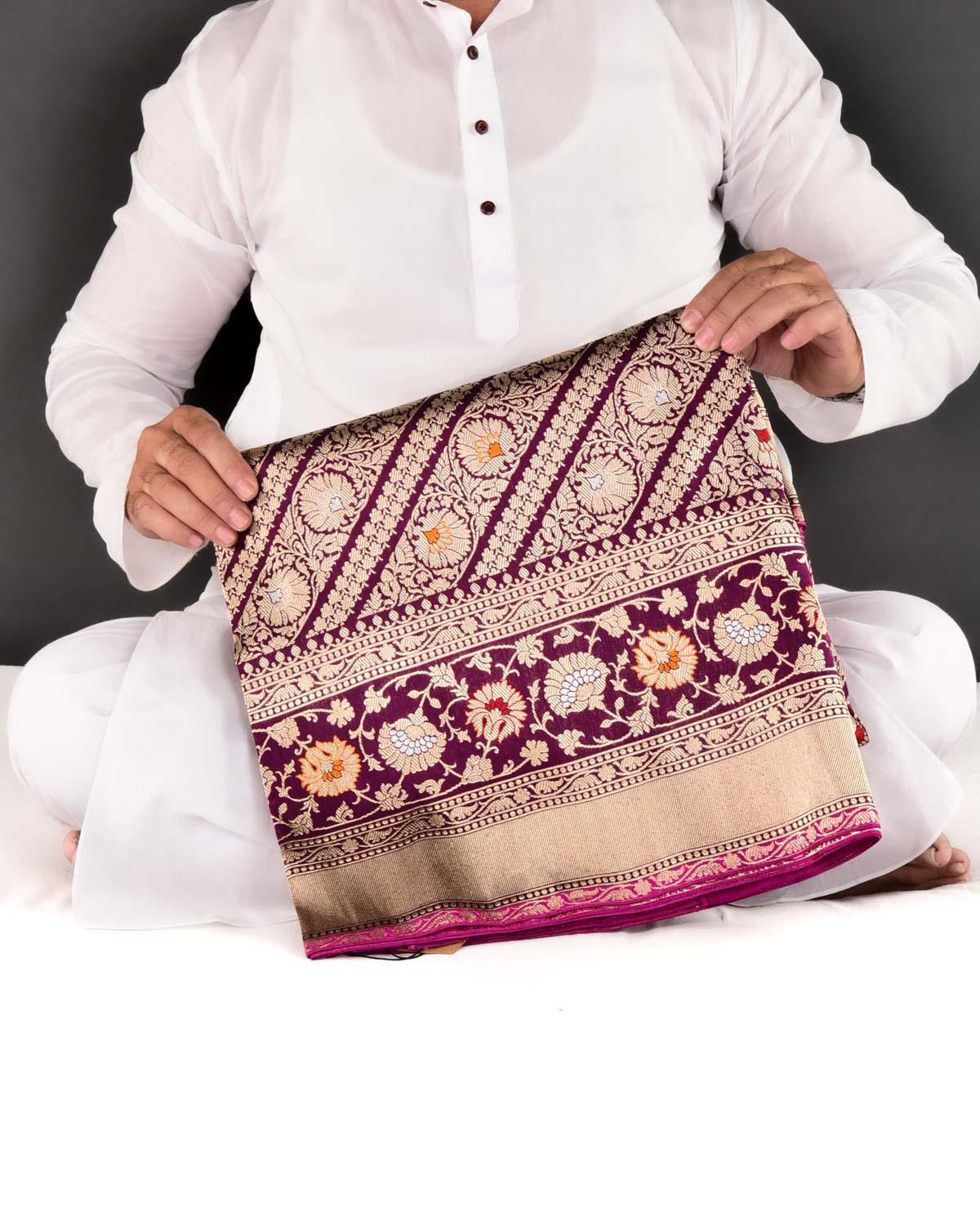 Purple Banarasi Diagonal Inlaid Stripes Kadhuan Brocade Handwoven Katan Silk Saree - By HolyWeaves, Benares