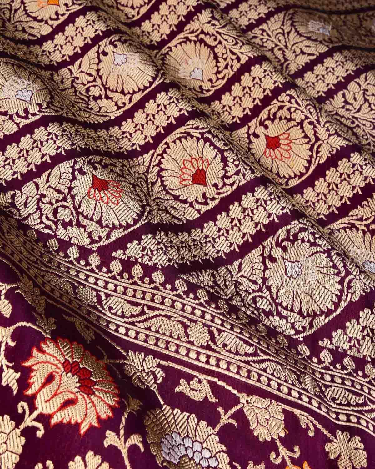 Purple Banarasi Diagonal Inlaid Stripes Kadhuan Brocade Handwoven Katan Silk Saree - By HolyWeaves, Benares