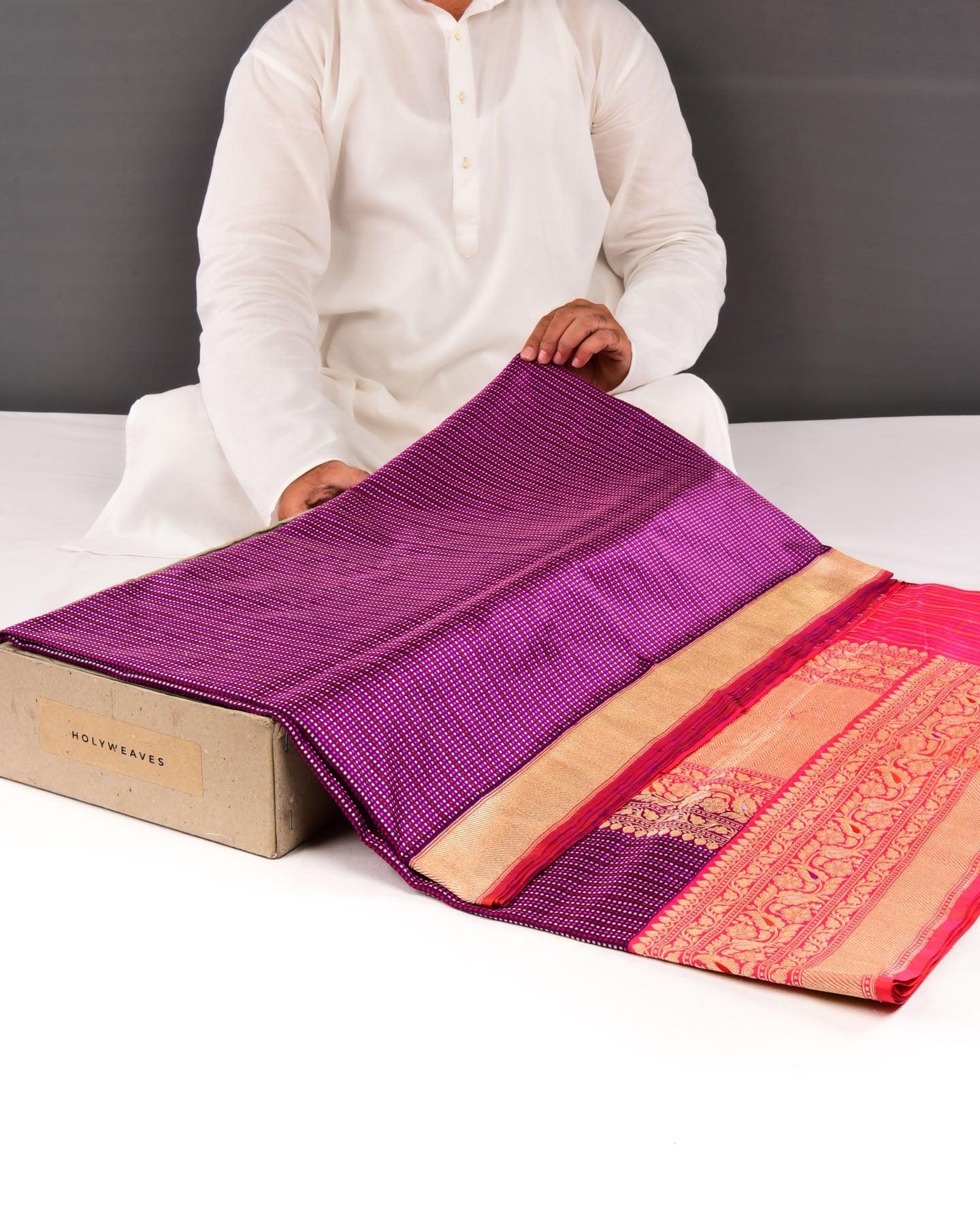 Purple Banarasi Dotted Stripes Zari & Resham Brocade Handwoven Katan Silk Saree with Kadiyal Brocade Borders - By HolyWeaves, Benares