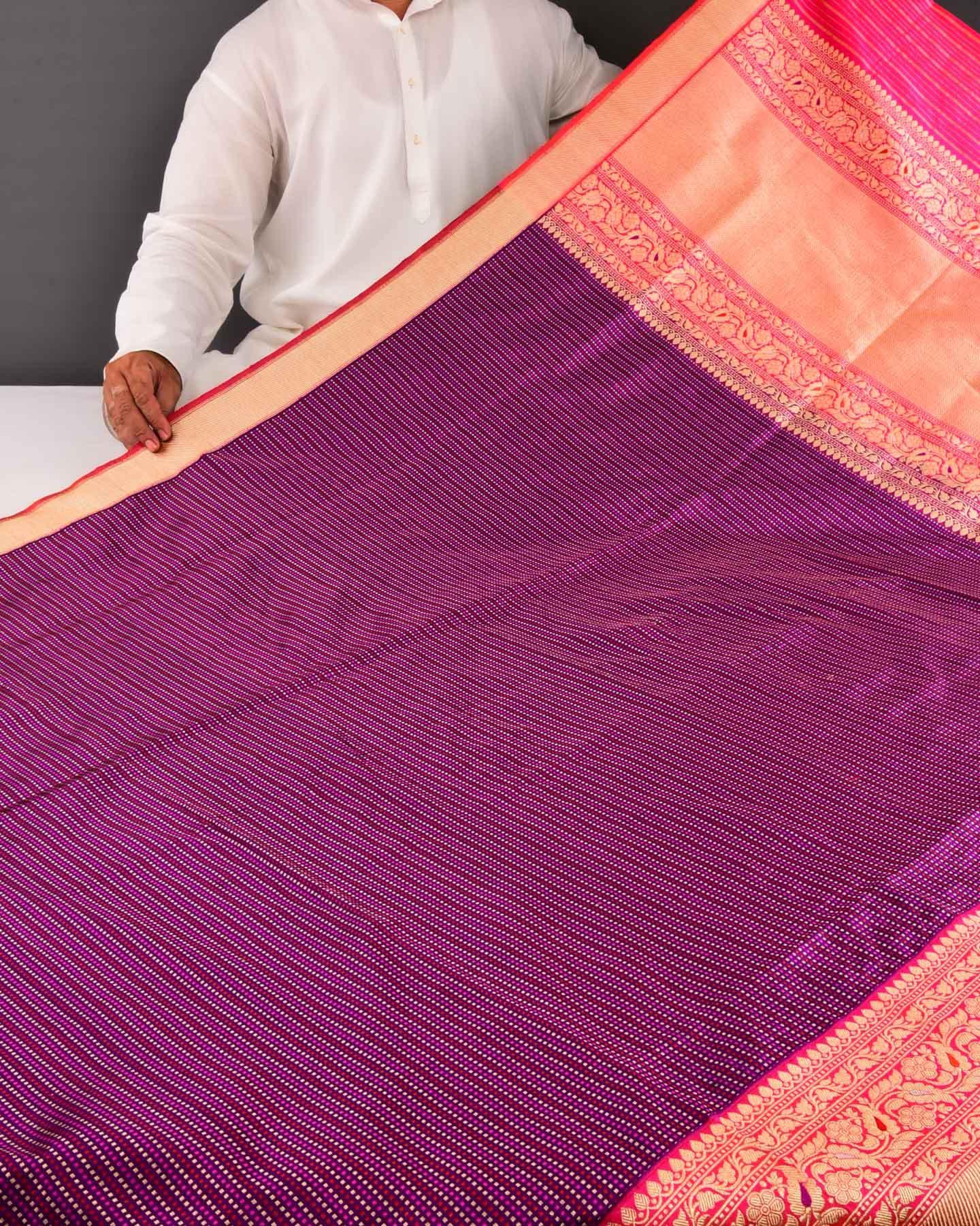 Purple Banarasi Dotted Stripes Zari & Resham Brocade Handwoven Katan Silk Saree with Kadiyal Brocade Borders - By HolyWeaves, Benares