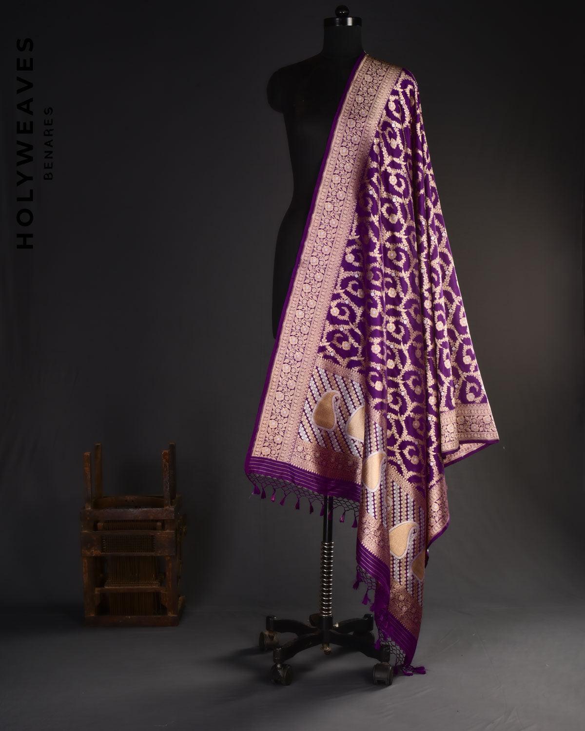Purple Banarasi Floral Jaal Alfi Sona-Rupa Zari Cutwork Brocade Handwoven Katan Silk Dupatta - By HolyWeaves, Benares