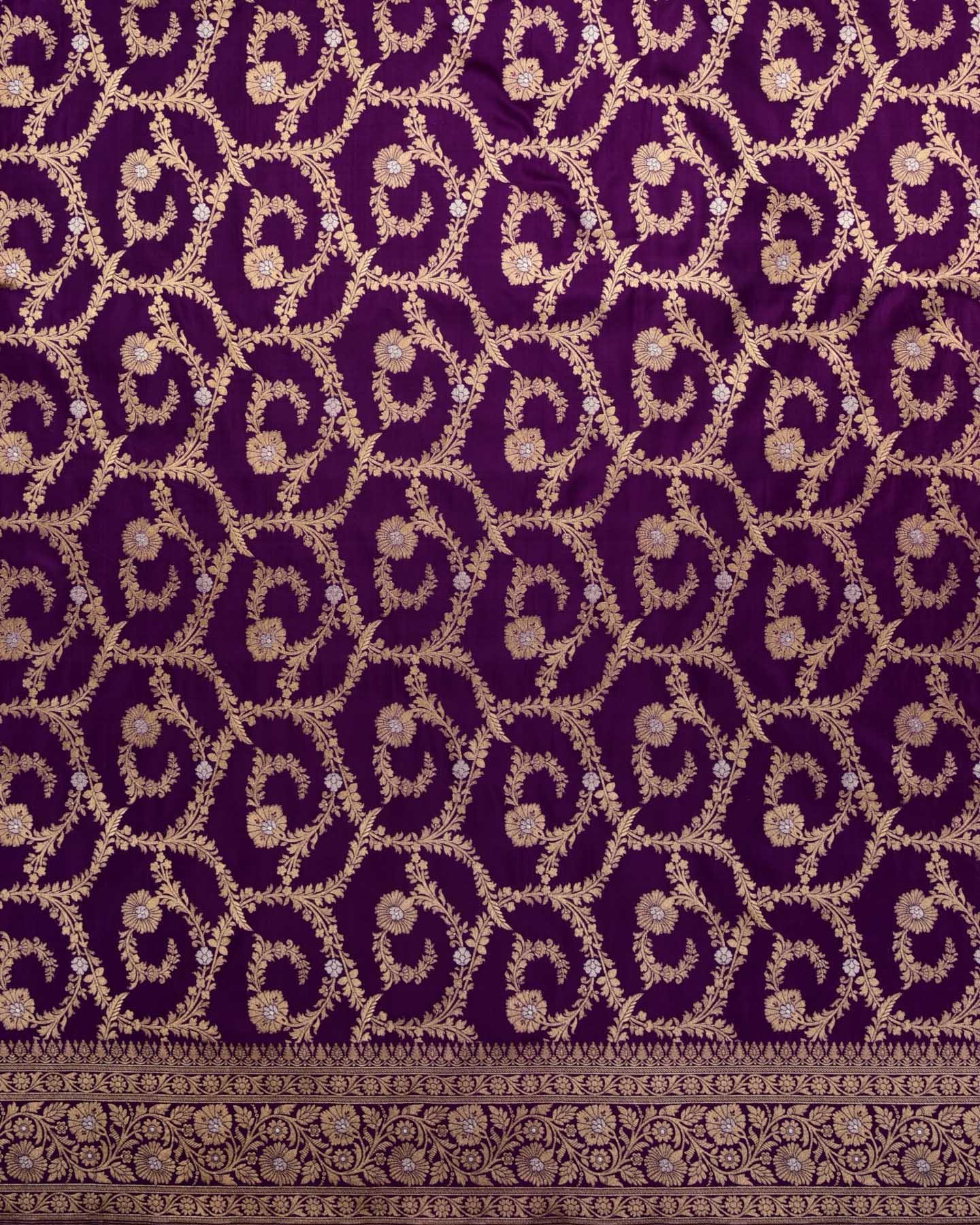 Purple Banarasi Floral Jaal Alfi Sona-Rupa Zari Cutwork Brocade Handwoven Katan Silk Dupatta - By HolyWeaves, Benares