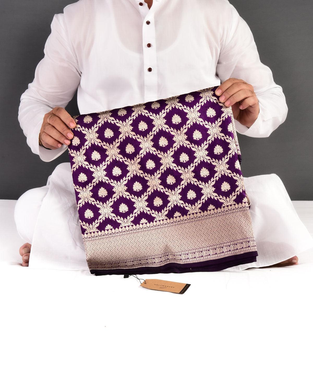 Purple Banarasi Floral Jaal Gold Zari Cutwork Brocade Handwoven Katan Silk Saree - By HolyWeaves, Benares