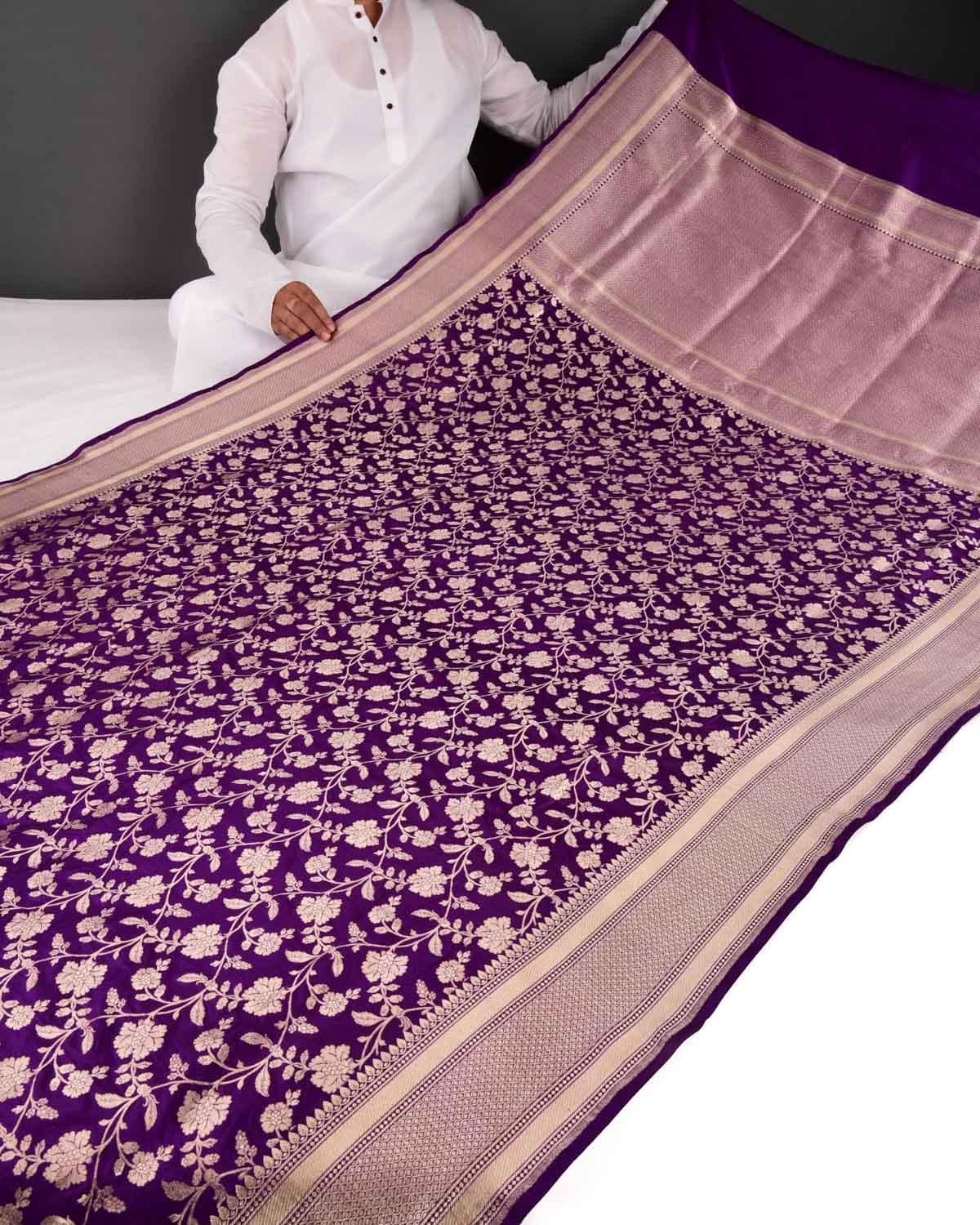 Purple Banarasi Floral Jaal Gold Zari Cutwork Brocade Handwoven Katan Silk Saree - By HolyWeaves, Benares