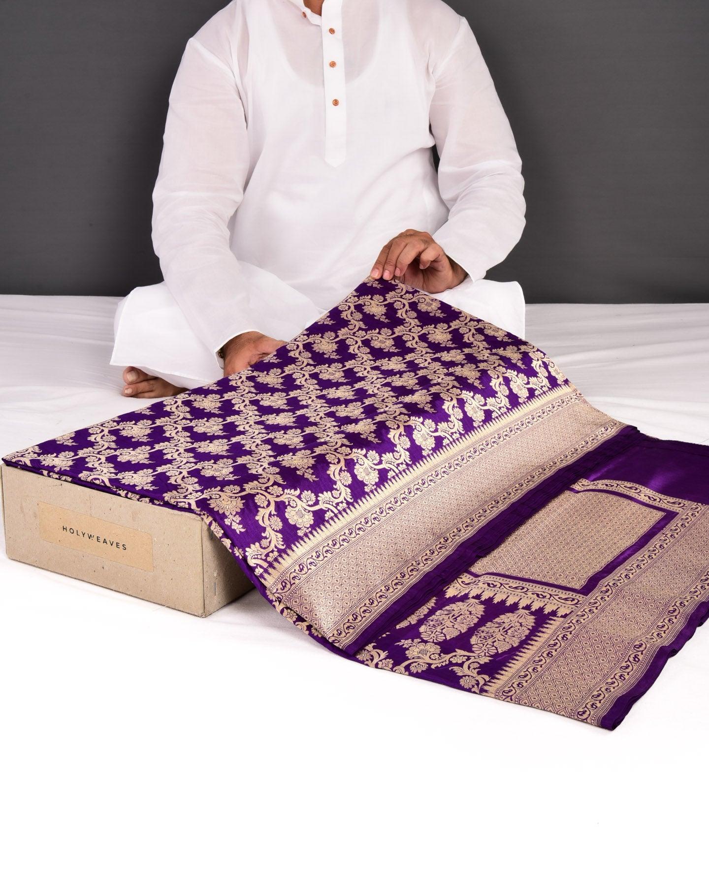 Purple Banarasi Foral Jangla Sona Zari Cutwork Brocade Handwoven Katan Silk Saree - By HolyWeaves, Benares