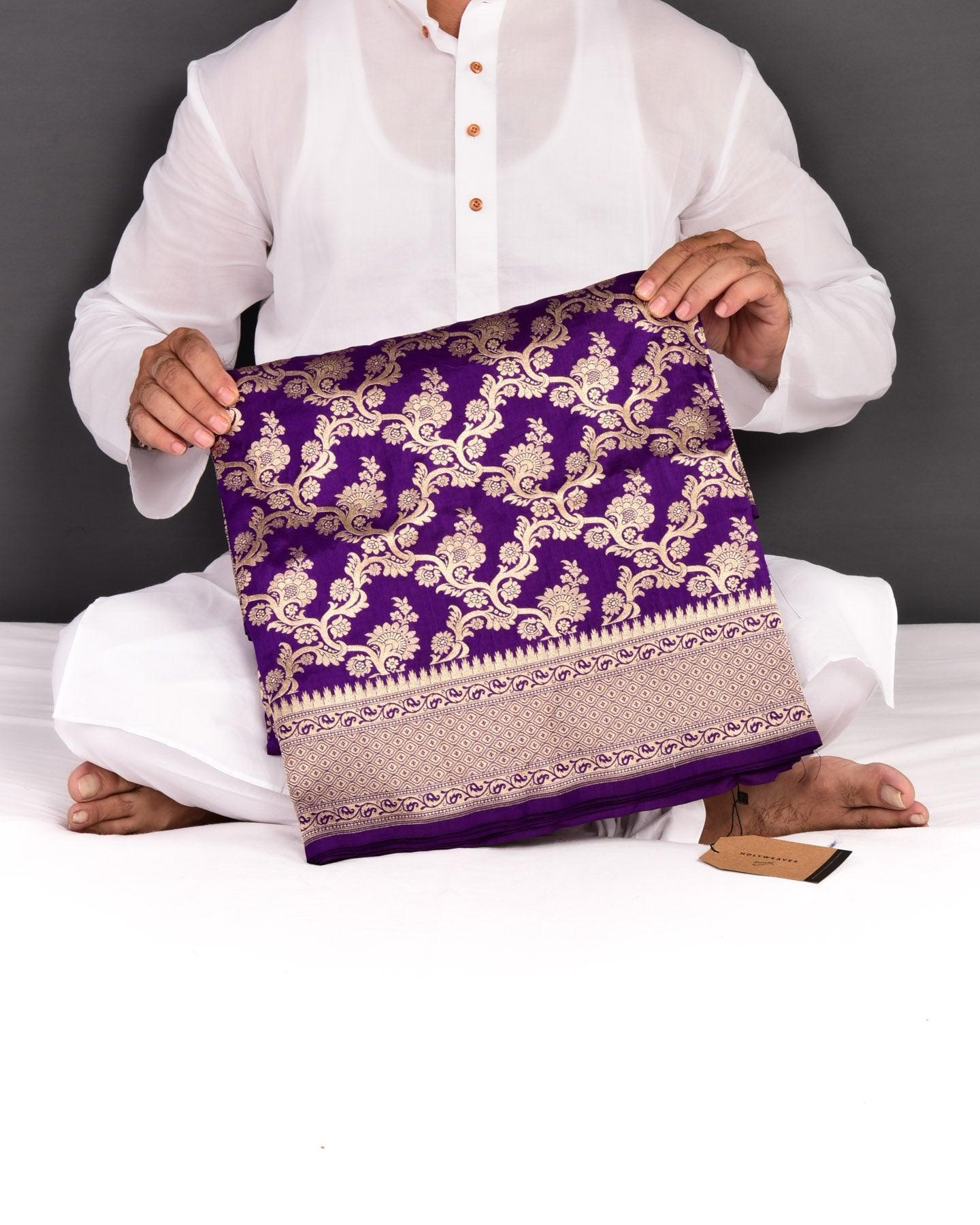 Purple Banarasi Foral Jangla Sona Zari Cutwork Brocade Handwoven Katan Silk Saree - By HolyWeaves, Benares