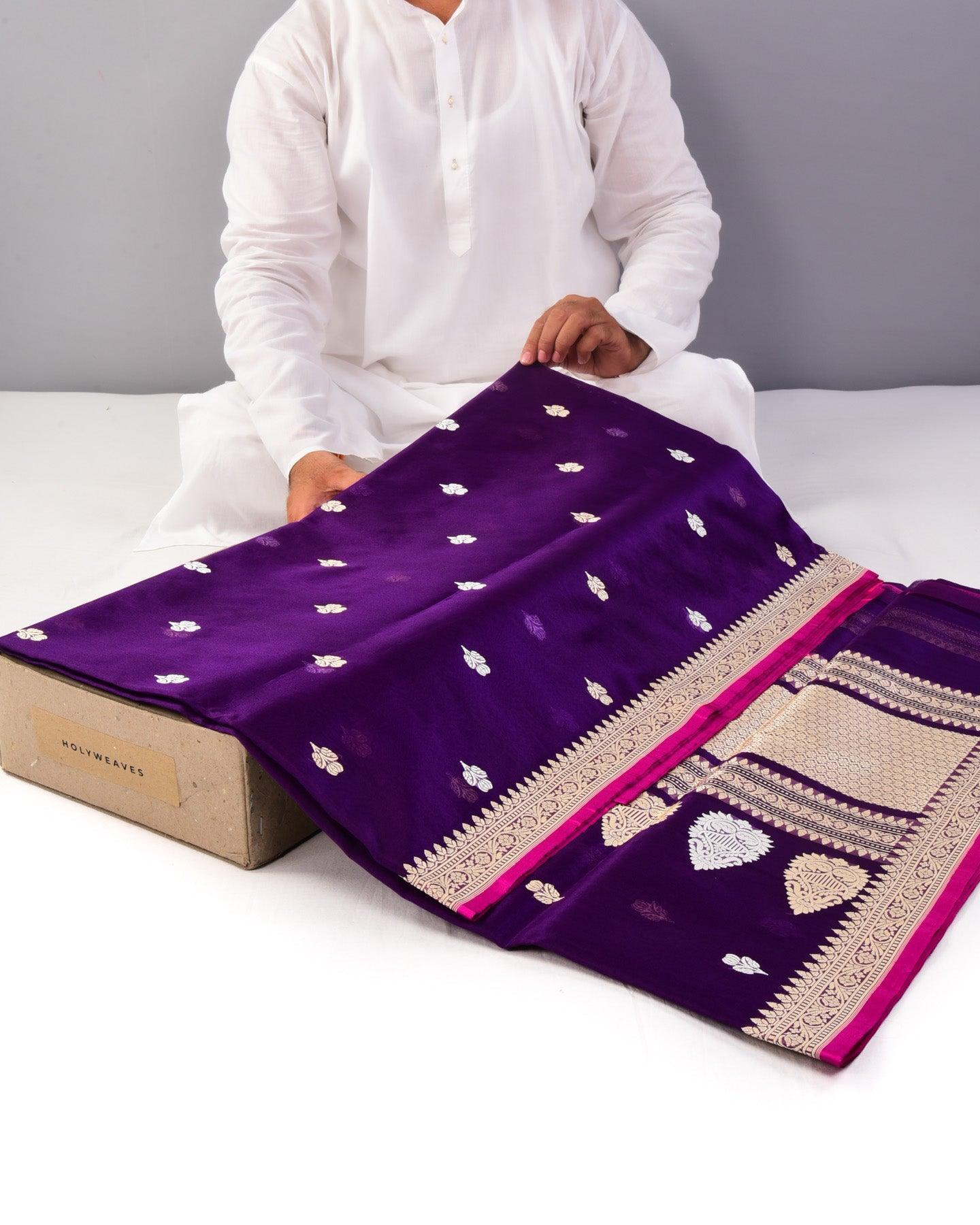 Purple Banarasi Gold & Silver Buti Kadhuan Brocade Handwoven Kora Silk Saree - By HolyWeaves, Benares