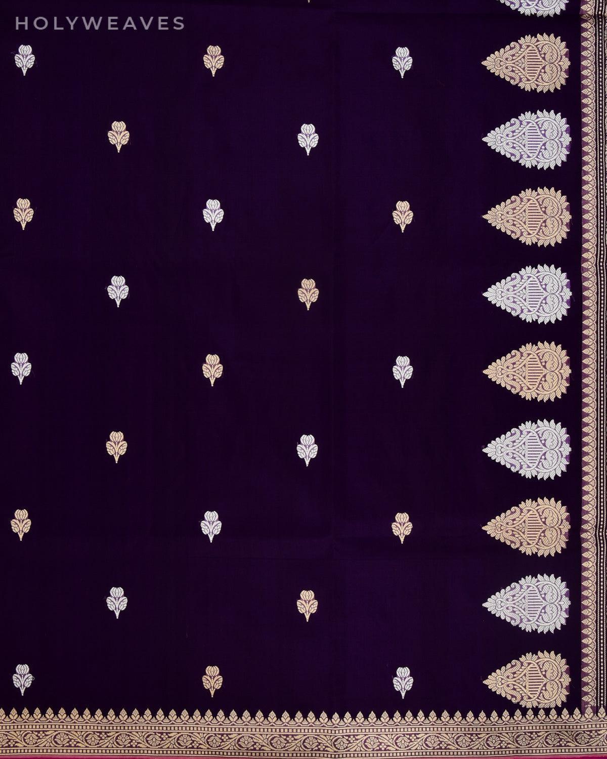 Purple Banarasi Gold & Silver Buti Kadhuan Brocade Handwoven Kora Silk Saree - By HolyWeaves, Benares