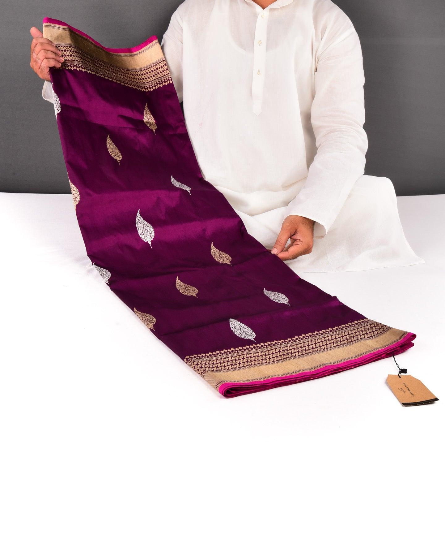 Purple Banarasi Gold & Silver Leaf Buta Kadhuan Brocade Handwoven Katan Silk Saree - By HolyWeaves, Benares