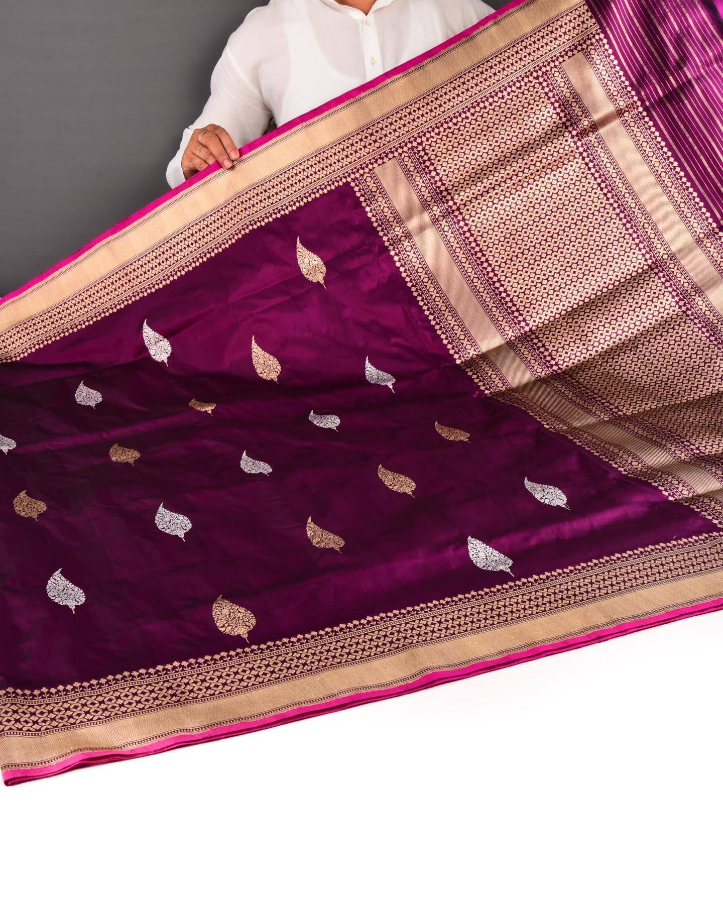 Purple Banarasi Gold & Silver Leaf Buta Kadhuan Brocade Handwoven Katan Silk Saree - By HolyWeaves, Benares