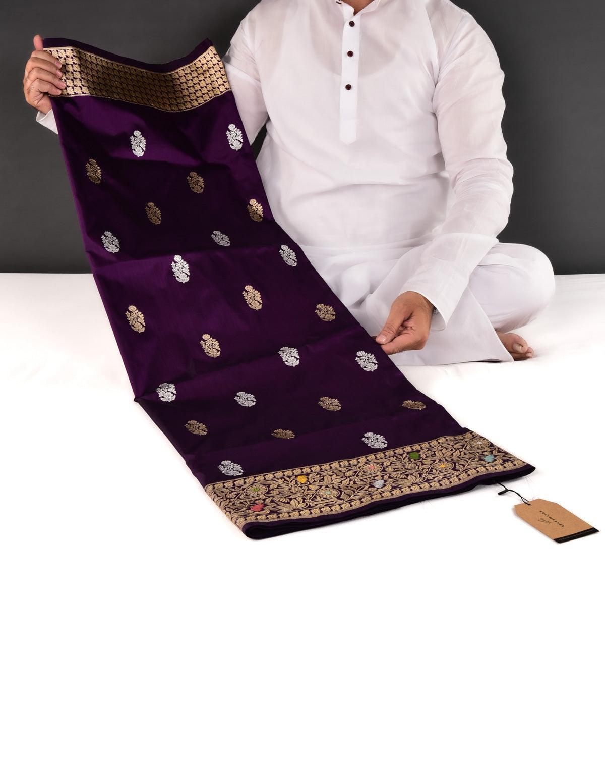Purple Banarasi Gold & Silver Zari Buti Kadhuan Brocade Handwoven Katan Silk Saree with Meenekari Brocade Border Pallu - By HolyWeaves, Benares