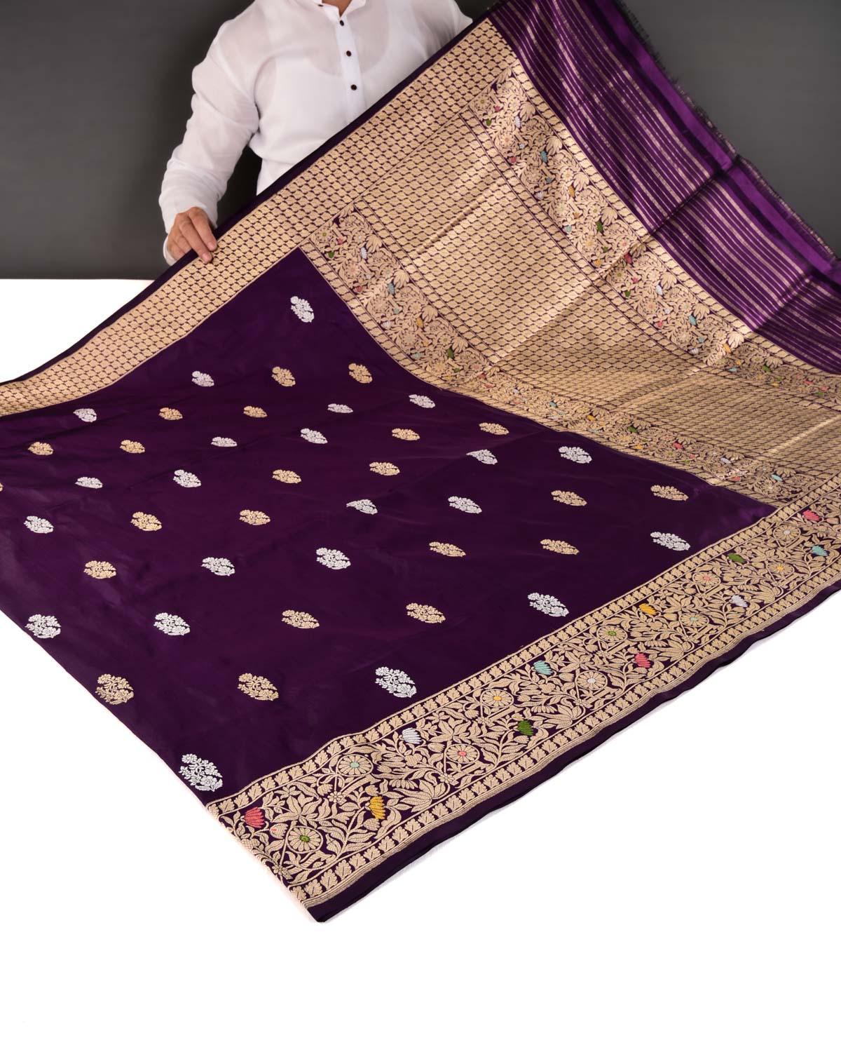 Purple Banarasi Gold & Silver Zari Buti Kadhuan Brocade Handwoven Katan Silk Saree with Meenekari Brocade Border Pallu - By HolyWeaves, Benares
