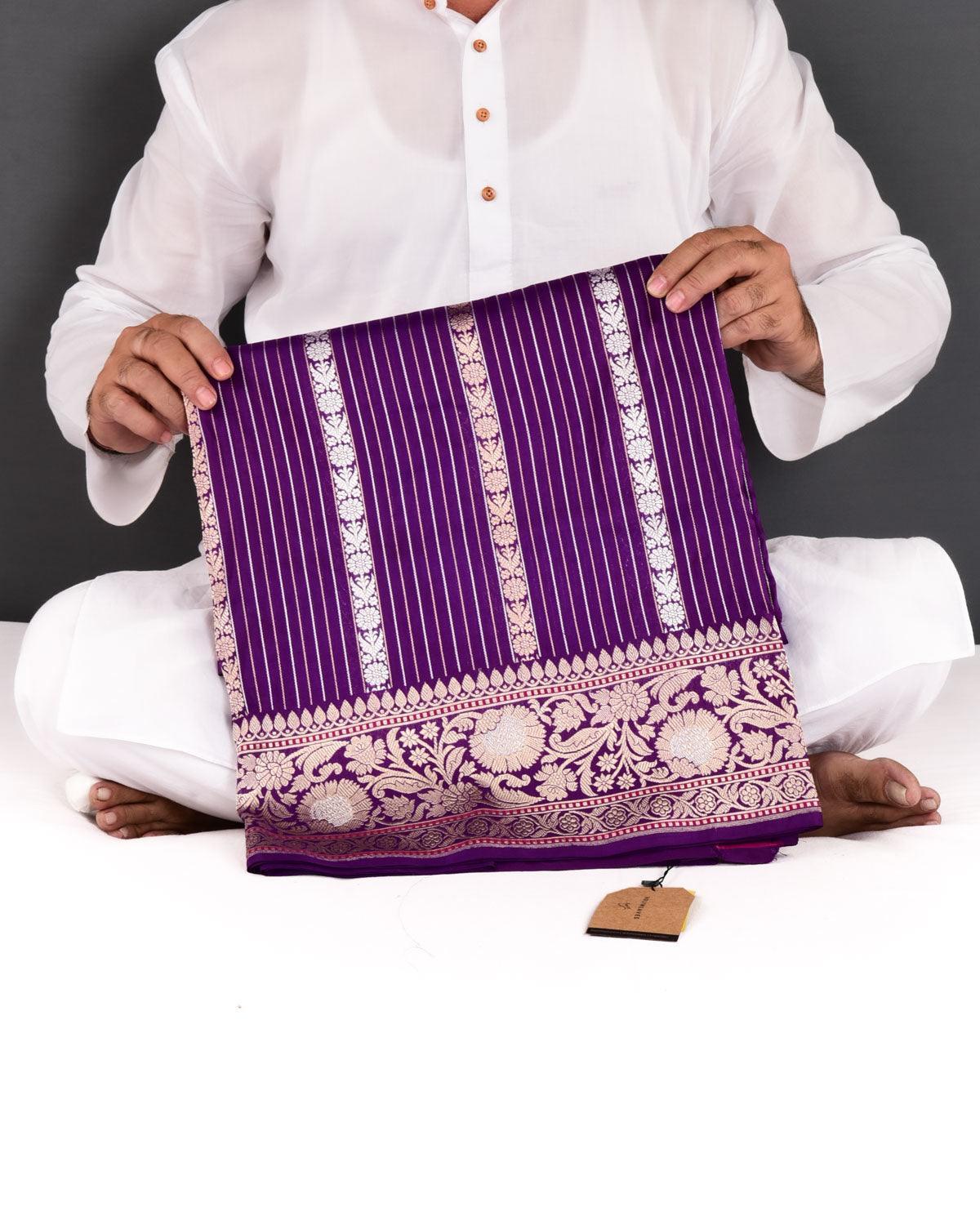 Purple Banarasi Gold & Silver Zari Ornament Stripes Kadhuan Brocade Handwoven Katan Silk Saree - By HolyWeaves, Benares