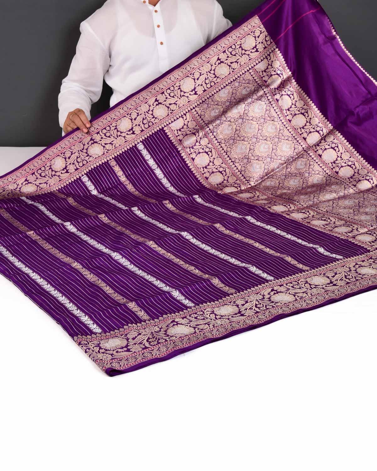 Purple Banarasi Gold & Silver Zari Ornament Stripes Kadhuan Brocade Handwoven Katan Silk Saree - By HolyWeaves, Benares