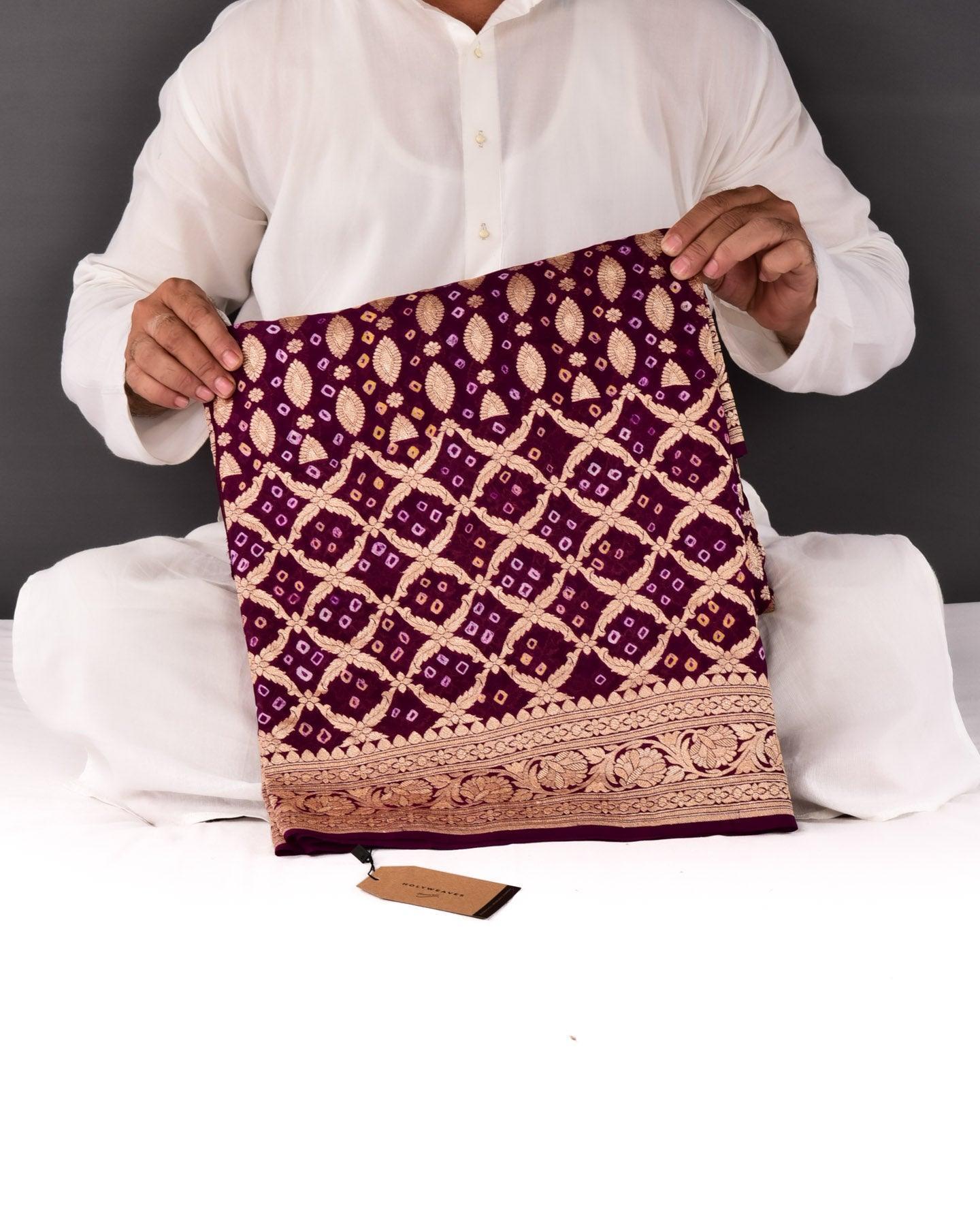 Purple Banarasi Gold Zari Cutwork Brocade Handwoven Khaddi Georgette Saree with White & Yellow Bandhej - By HolyWeaves, Benares