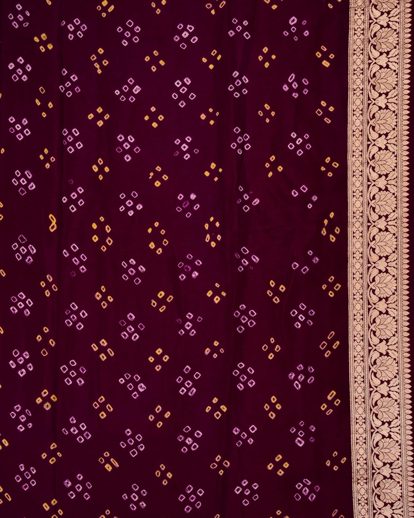 Purple Banarasi Gold Zari Cutwork Brocade Handwoven Khaddi Georgette Saree with White & Yellow Bandhej - By HolyWeaves, Benares