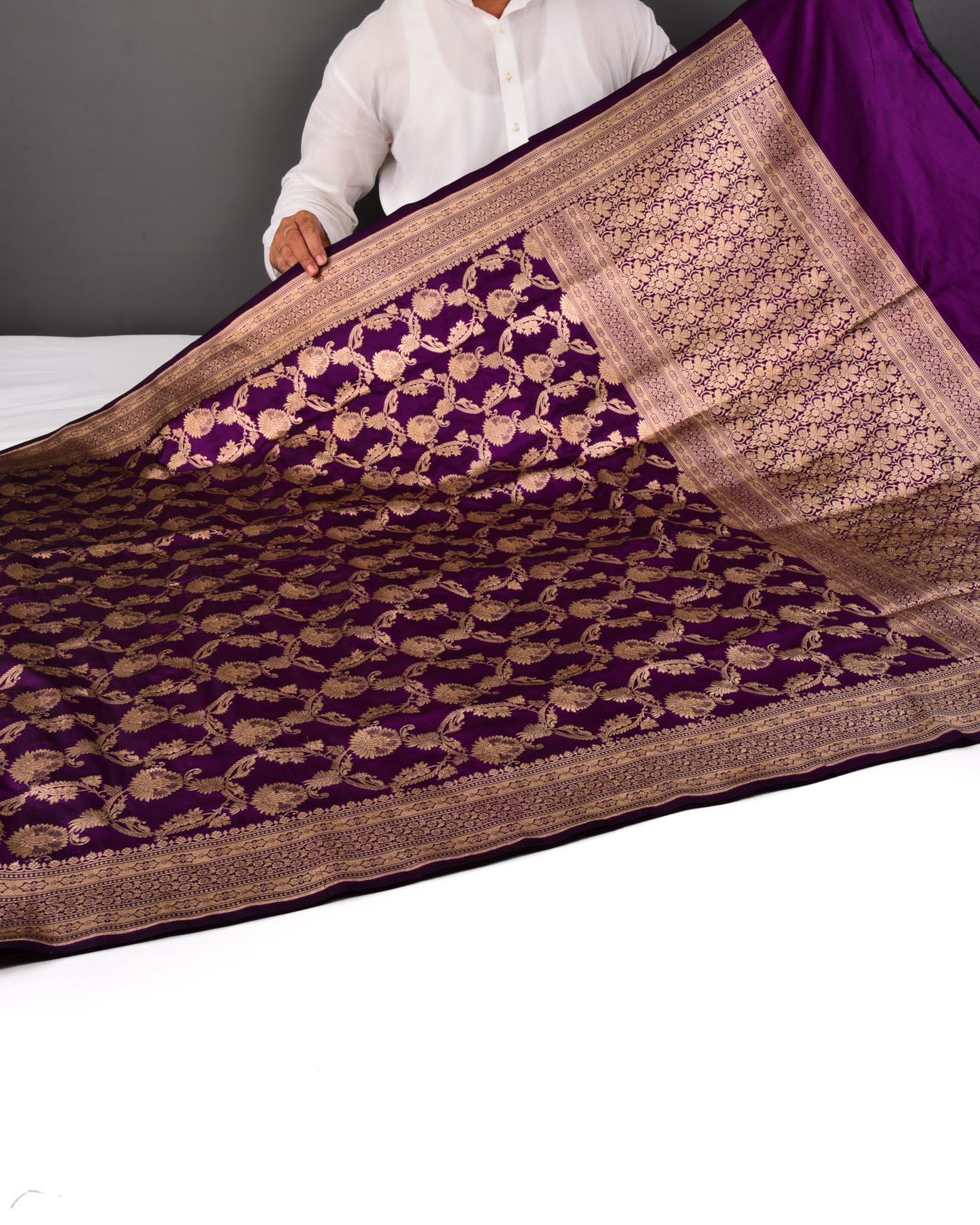 Purple Banarasi Gold Zari Jaal Cutwork Brocade Handwoven Katan Silk Saree - By HolyWeaves, Benares