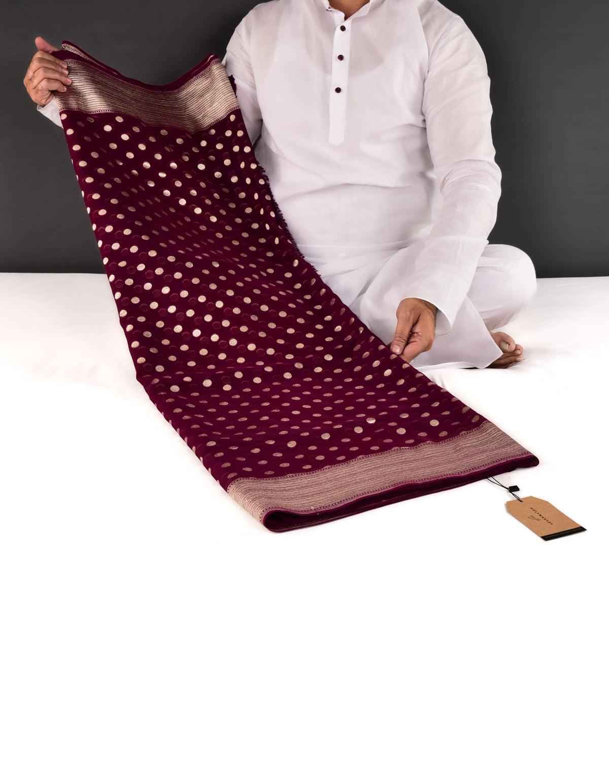 Purple Banarasi Gold Zari Polka Dots Cutwork Brocade Handwoven Khaddi Georgette Saree - By HolyWeaves, Benares