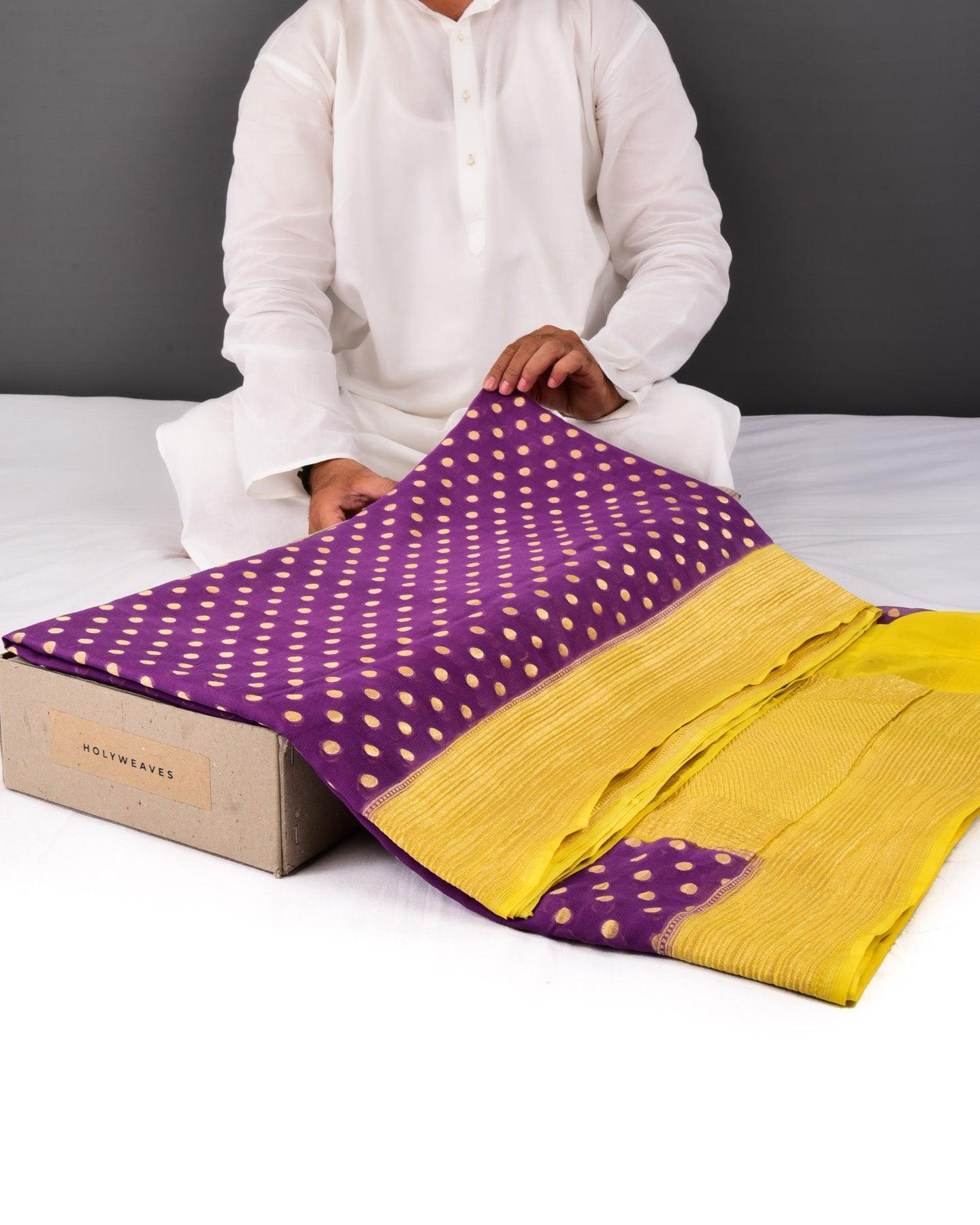Purple Banarasi Gold Zari Polka Dots Cutwork Brocade Handwoven Khaddi Georgette Saree with Yellow Border Pallu - By HolyWeaves, Benares