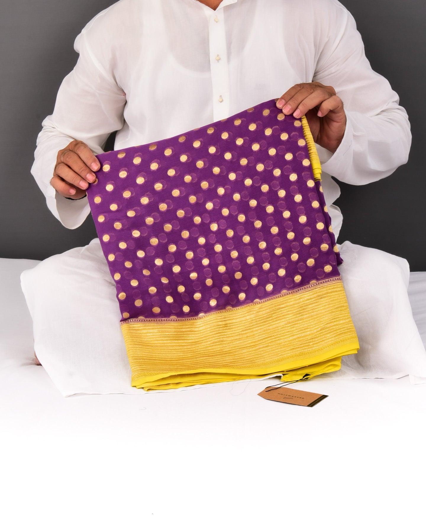 Purple Banarasi Gold Zari Polka Dots Cutwork Brocade Handwoven Khaddi Georgette Saree with Yellow Border Pallu - By HolyWeaves, Benares