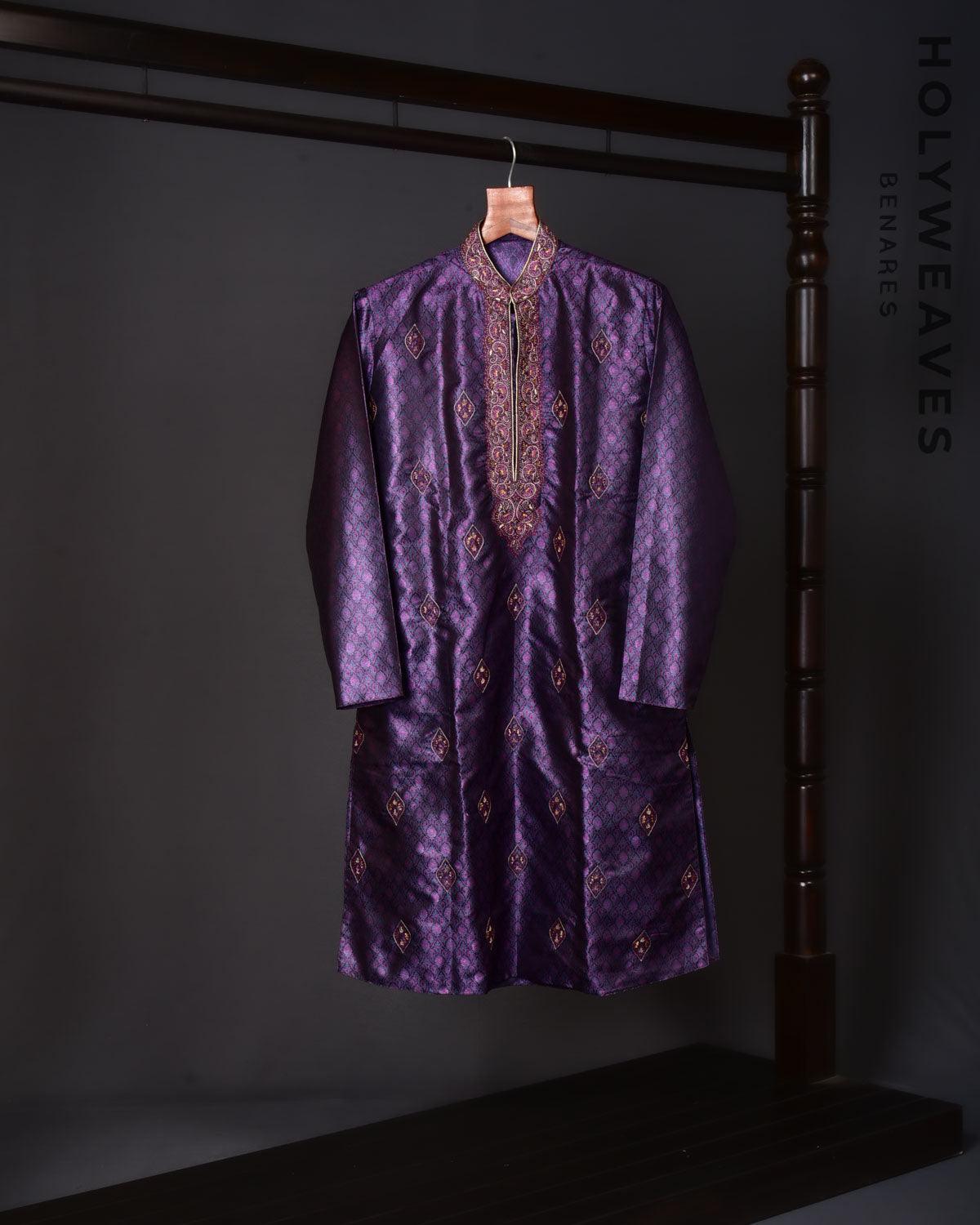 Purple Banarasi Hand-embroidered Art Silk Mens Kurta Pyjama - By HolyWeaves, Benares