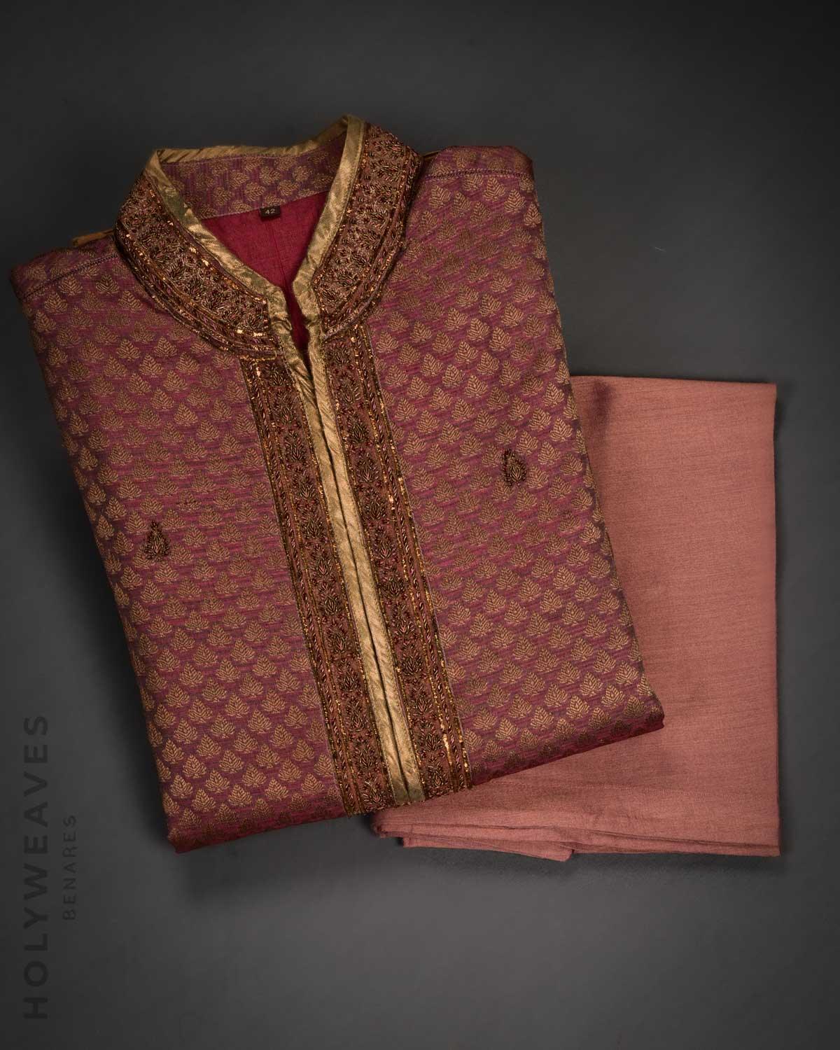 Purple Banarasi Hand-embroidered Cotton Silk Mens Kurta Pyjama - By HolyWeaves, Benares