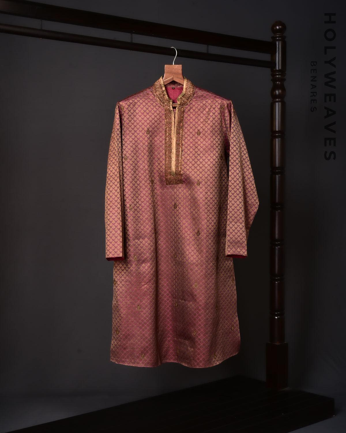 Purple Banarasi Hand-embroidered Cotton Silk Mens Kurta Pyjama - By HolyWeaves, Benares