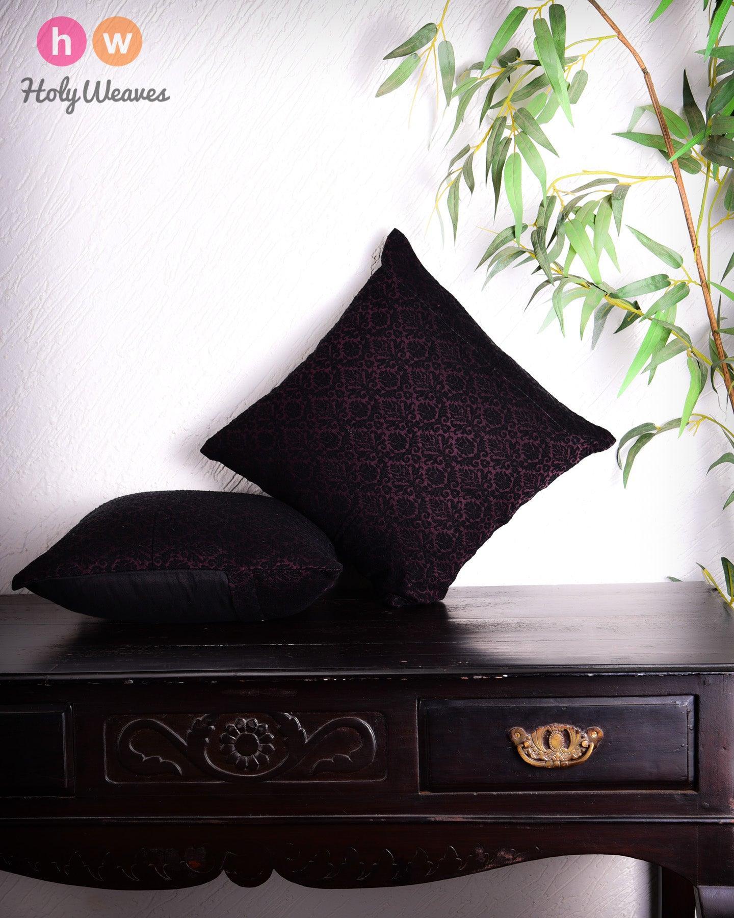 Purple Banarasi Handloom Damask Noile Silk Cushion Cover 16" - By HolyWeaves, Benares
