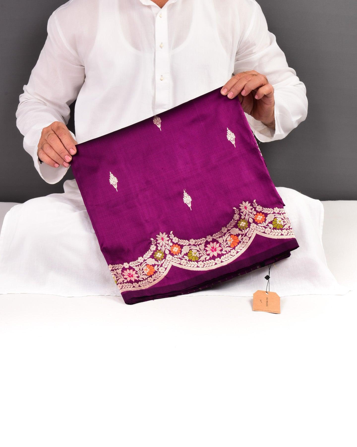 Purple Banarasi Kadhuan Brocade Handwoven Katan Silk Saree with Scallop Borders - By HolyWeaves, Benares