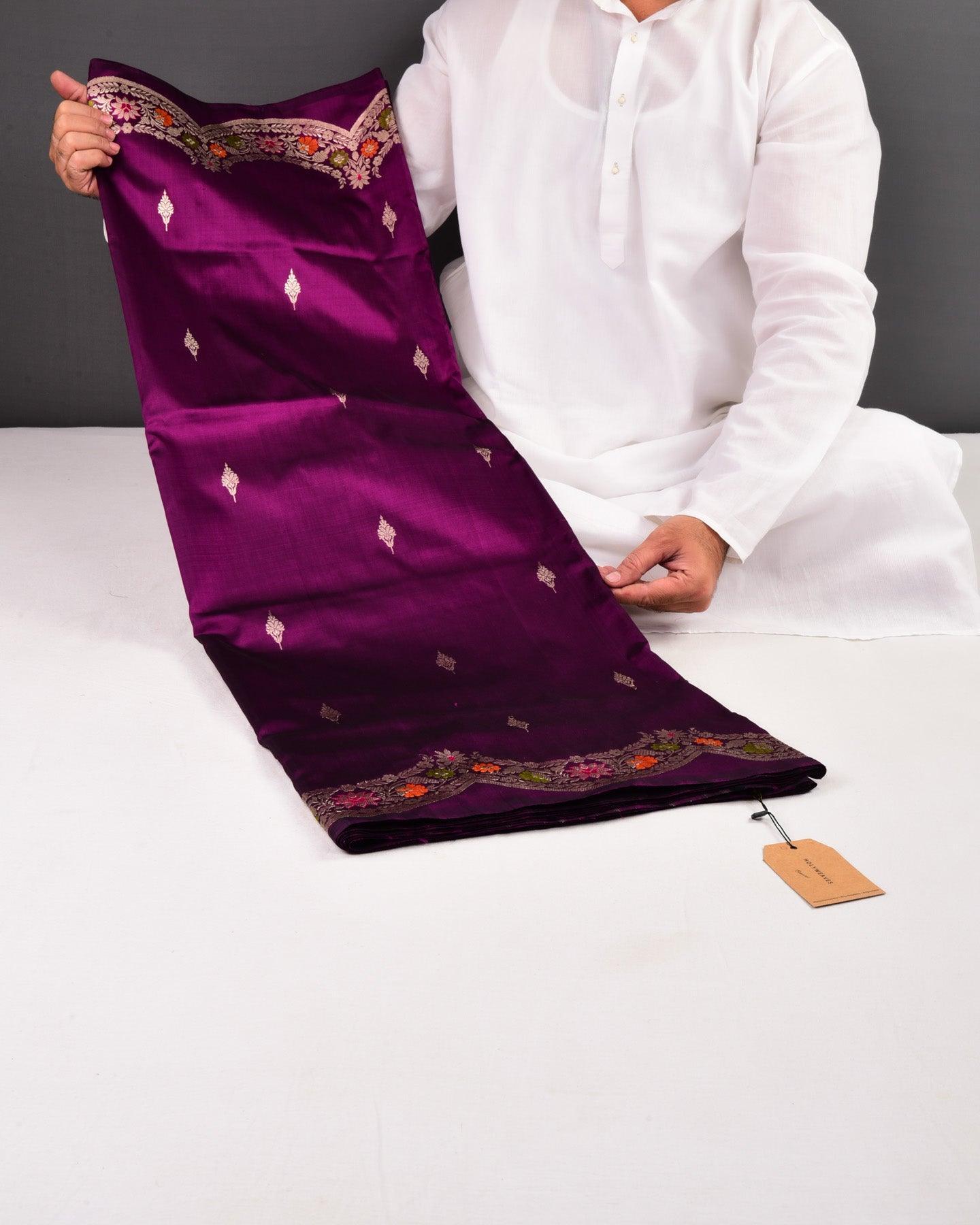Purple Banarasi Kadhuan Brocade Handwoven Katan Silk Saree with Scallop Borders - By HolyWeaves, Benares