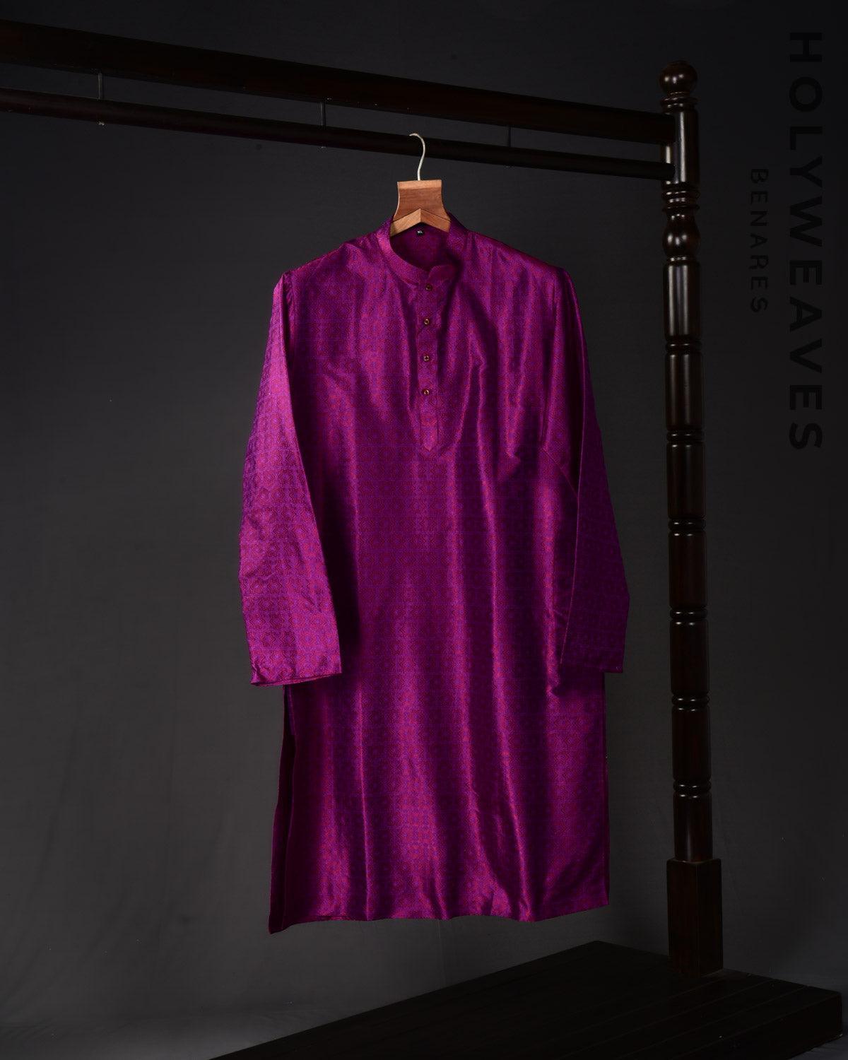 Purple Banarasi Kaleidoscopic Stars Resham Tanchoi Handwoven Katan Silk Mens Kurta Pyjama - By HolyWeaves, Benares