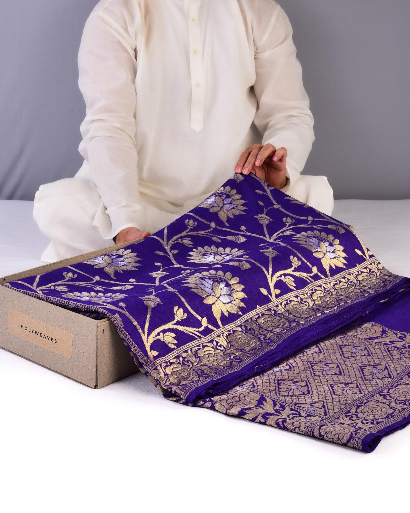 Purple Banarasi Kamal Jaal Alfi Cutwork Brocade Handwoven Muga Silk Saree - By HolyWeaves, Benares