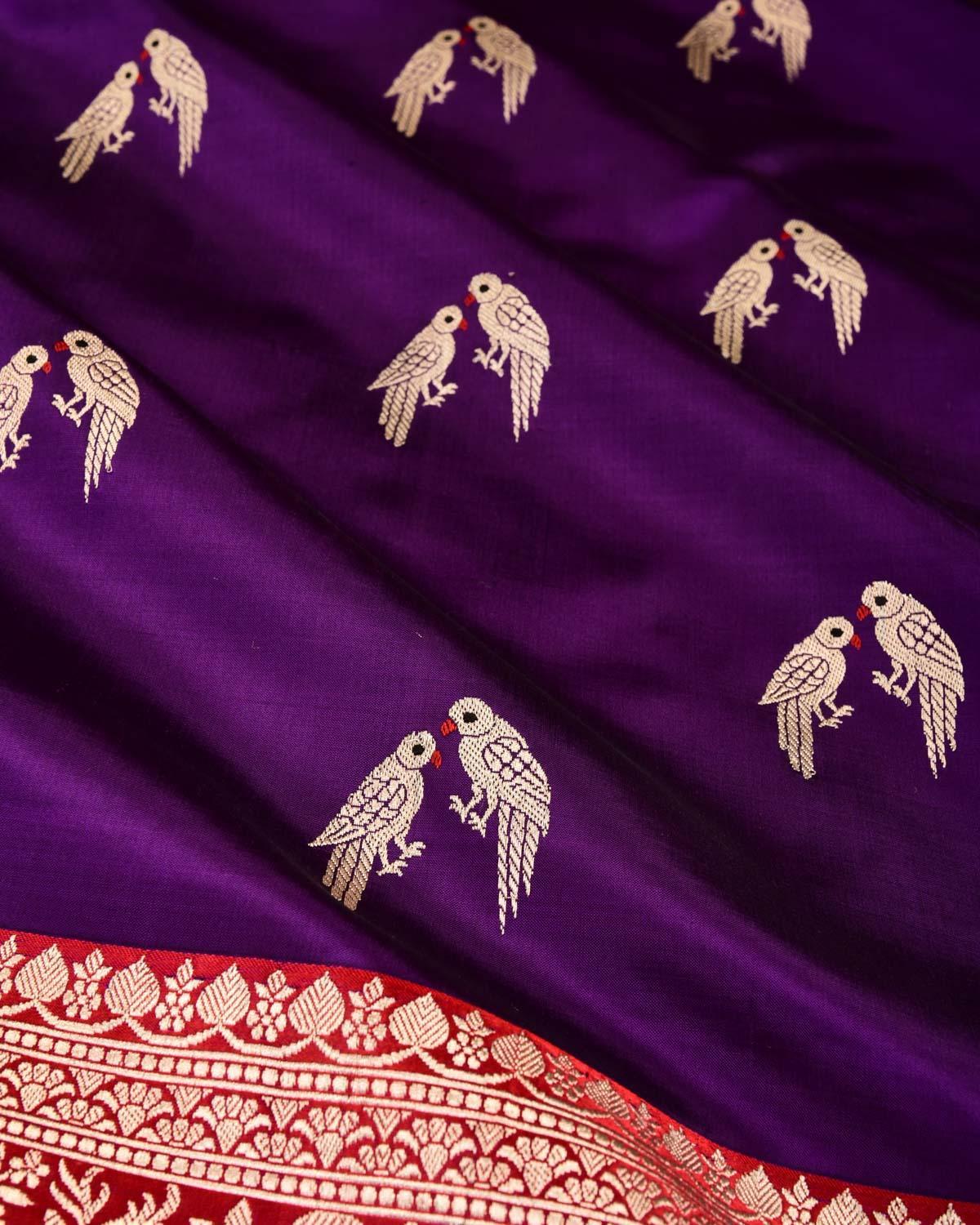 Purple Banarasi Love-Birds Kadhuan Brocade Handwoven Katan Silk Saree - By HolyWeaves, Benares