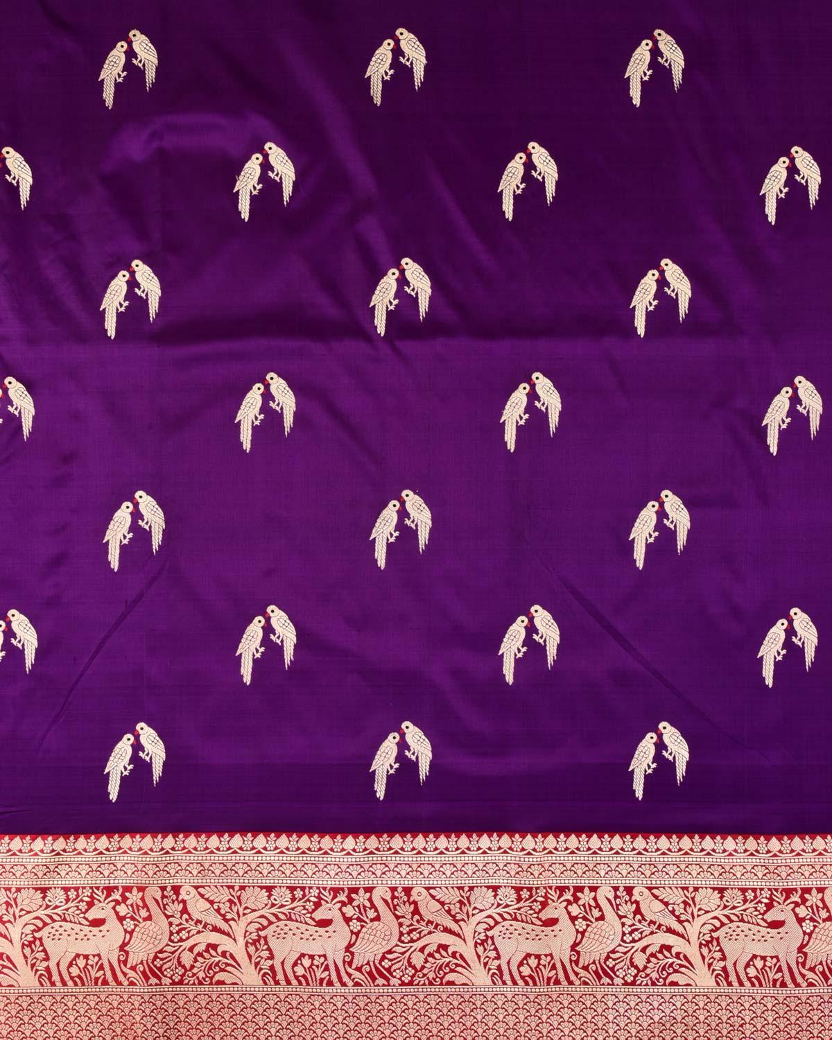 Purple Banarasi Love-Birds Kadhuan Brocade Handwoven Katan Silk Saree - By HolyWeaves, Benares