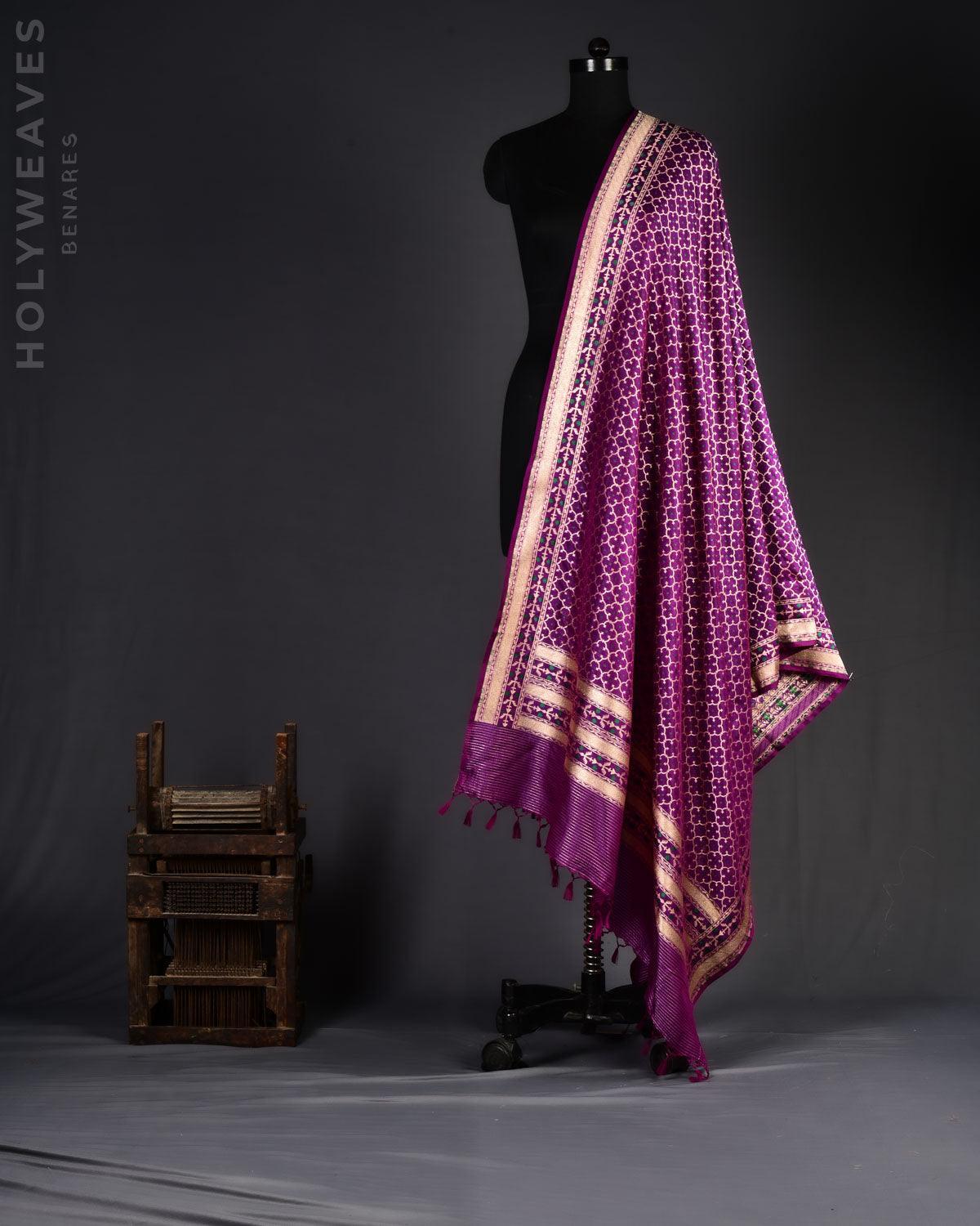 Purple Banarasi Moroccon Grids Gold Zari Cutwork Brocade Handwoven Katan Silk Dupatta - By HolyWeaves, Benares