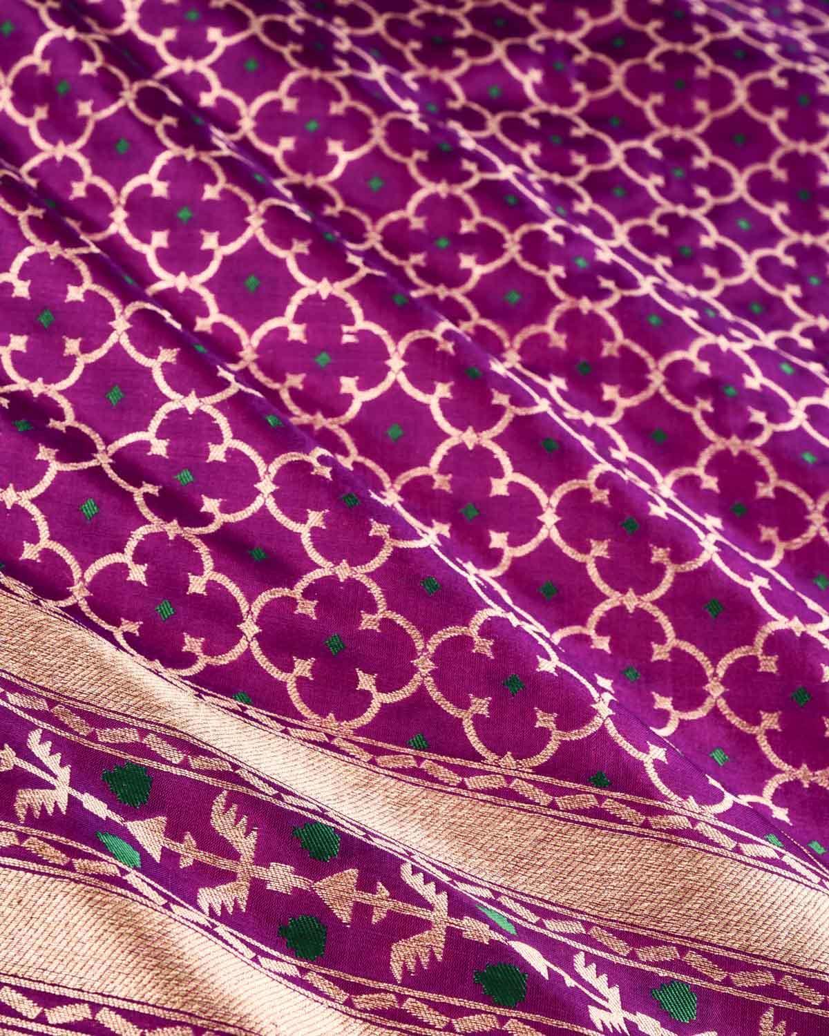 Purple Banarasi Moroccon Grids Gold Zari Cutwork Brocade Handwoven Katan Silk Dupatta - By HolyWeaves, Benares