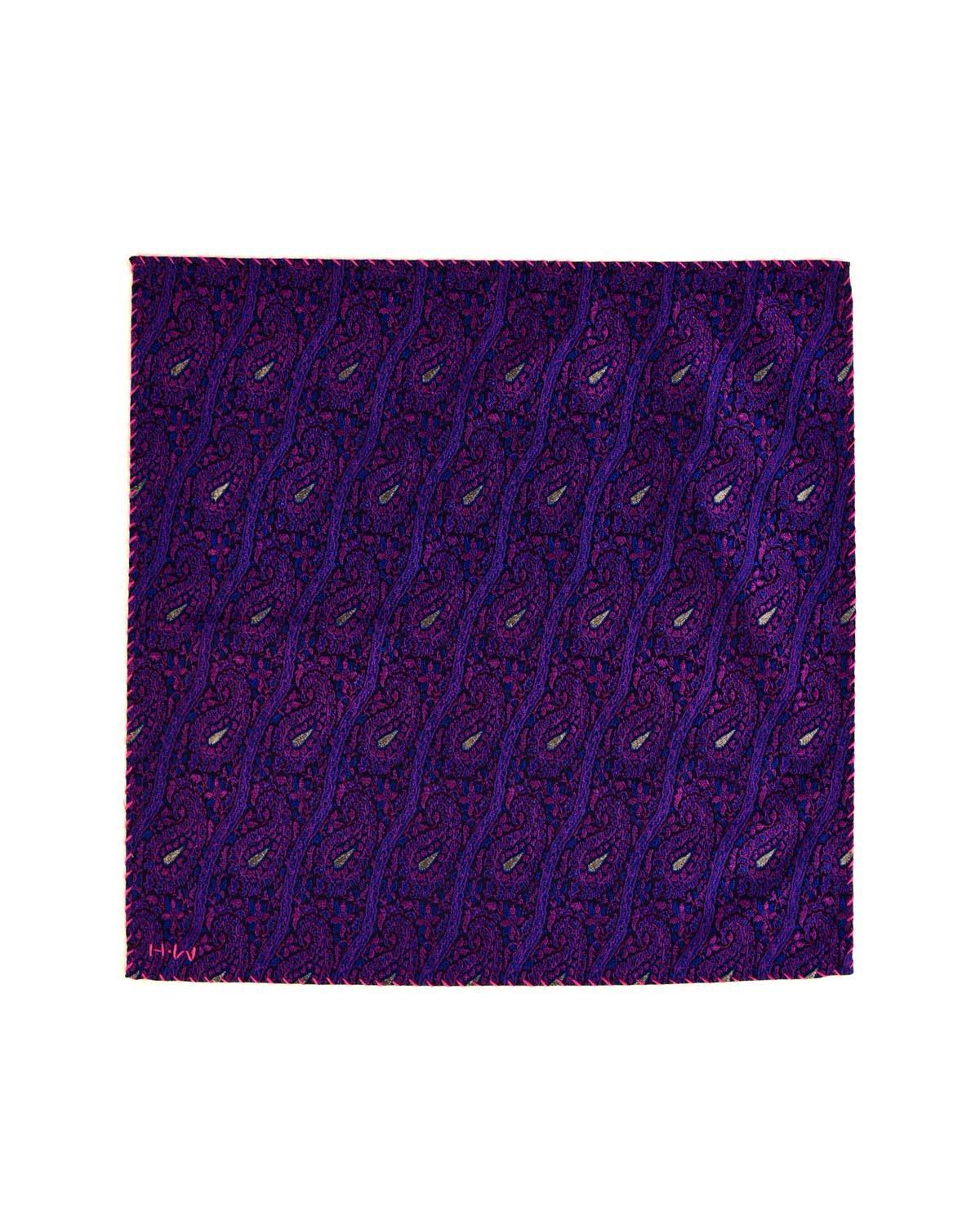 Purple Banarasi Paisley Diagonal Stripes Tanchoi Handwoven Silk Pocket Square - By HolyWeaves, Benares