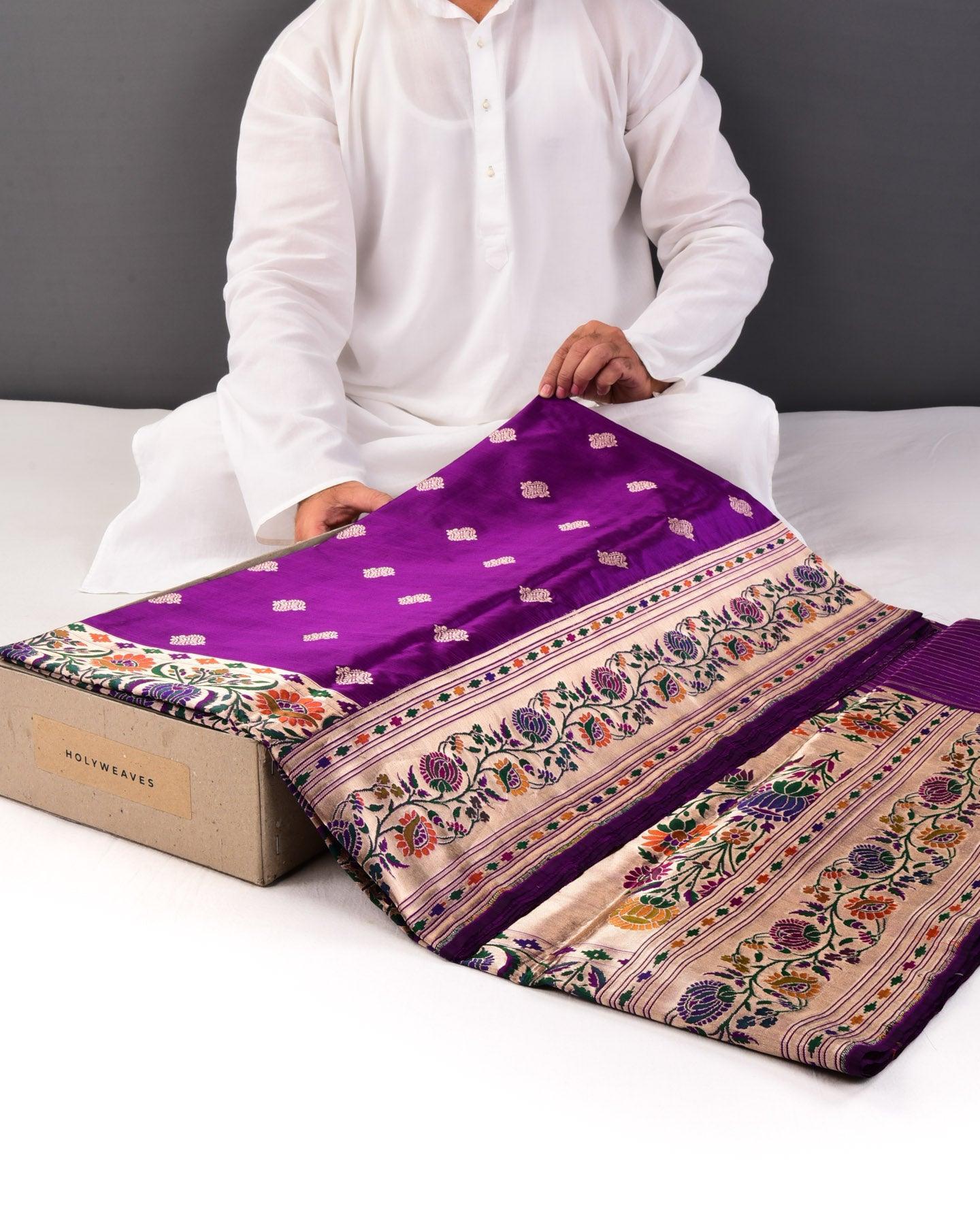Purple Banarasi Paithani Brocade Handwoven Katan Silk Saree - By HolyWeaves, Benares