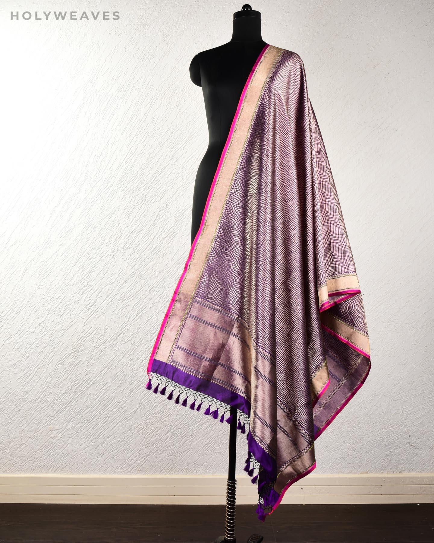 Purple Banarasi Python Stripes Brocade Handwoven Katan Silk Dupatta - By HolyWeaves, Benares