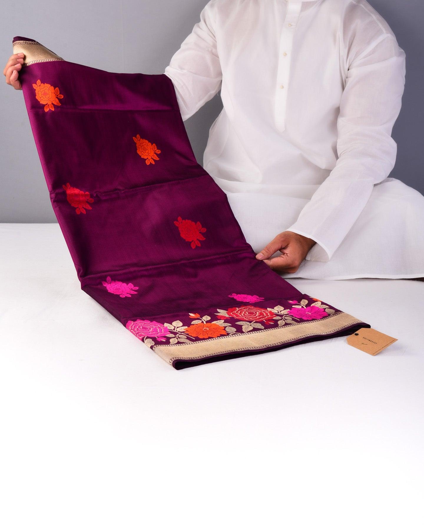 Purple Banarasi Resham Gulab Buti Kadhuan Brocade Handwoven Katan Silk Saree with Meenekari Border - By HolyWeaves, Benares