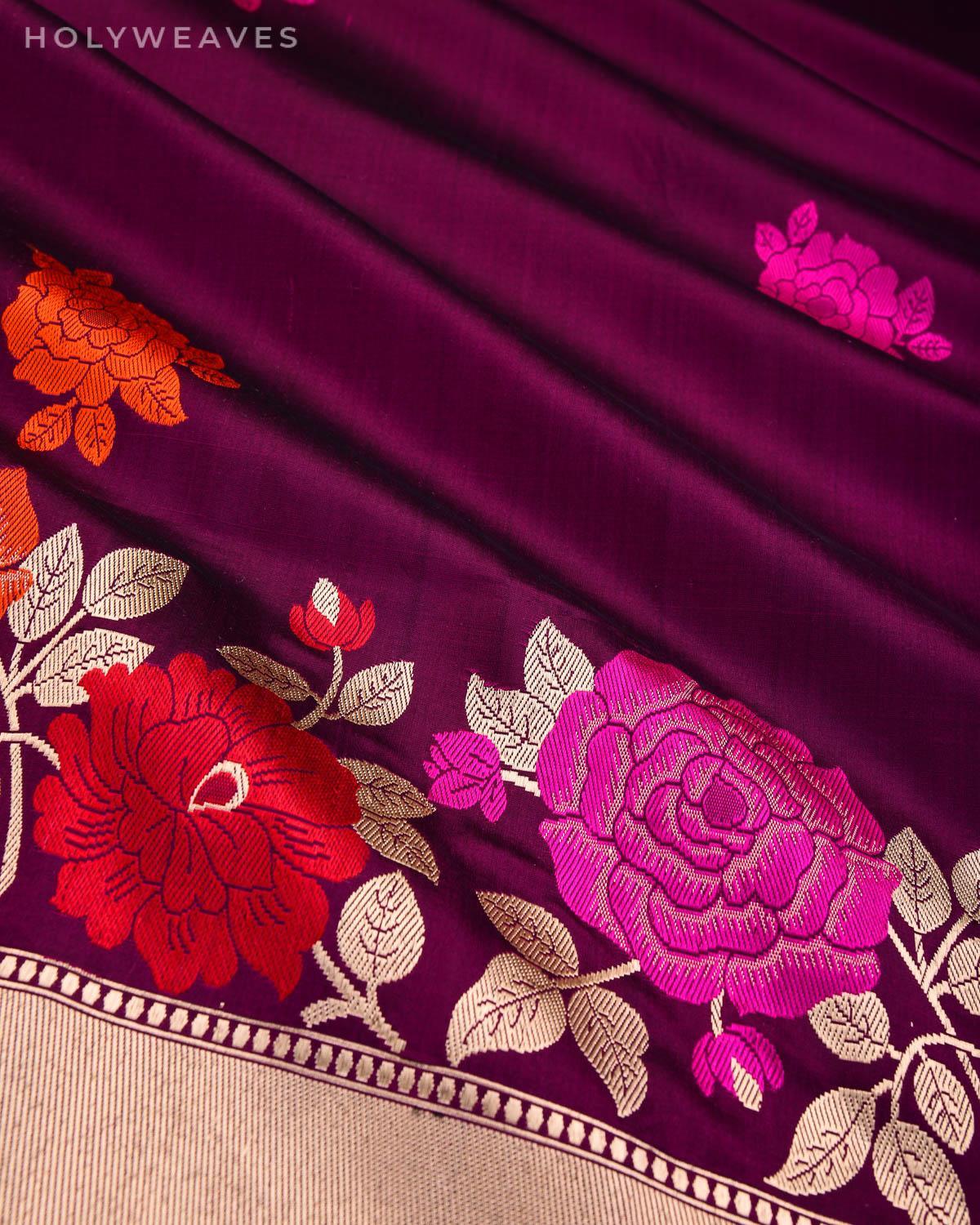 Purple Banarasi Resham Gulab Buti Kadhuan Brocade Handwoven Katan Silk Saree with Meenekari Border - By HolyWeaves, Benares