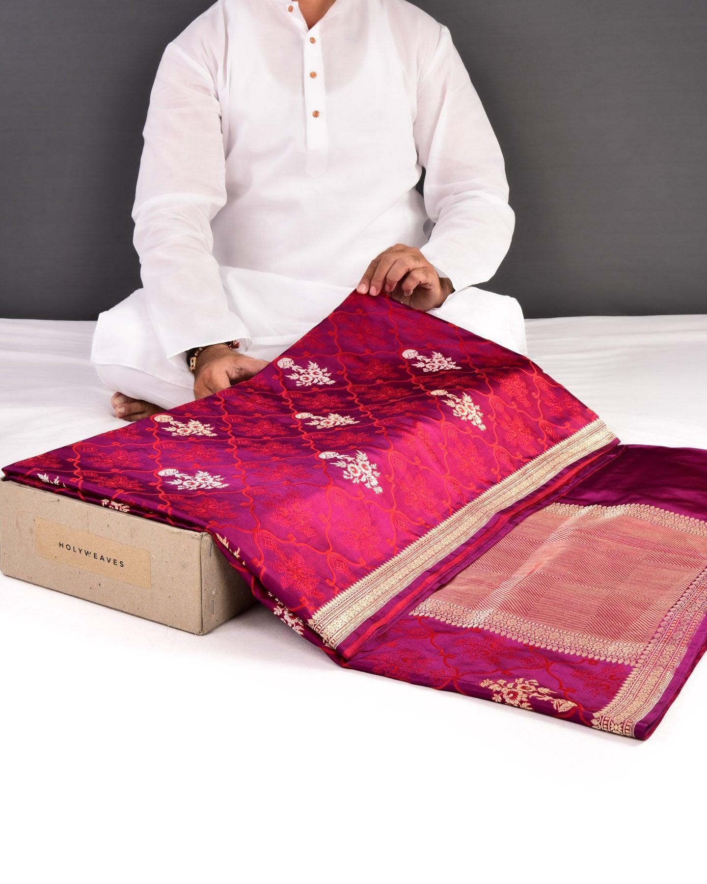 Purple Banarasi Satin Weave Gold and Silver Buta Jangla Tanchoi Brocade Handwoven Katan Silk Saree - By HolyWeaves, Benares