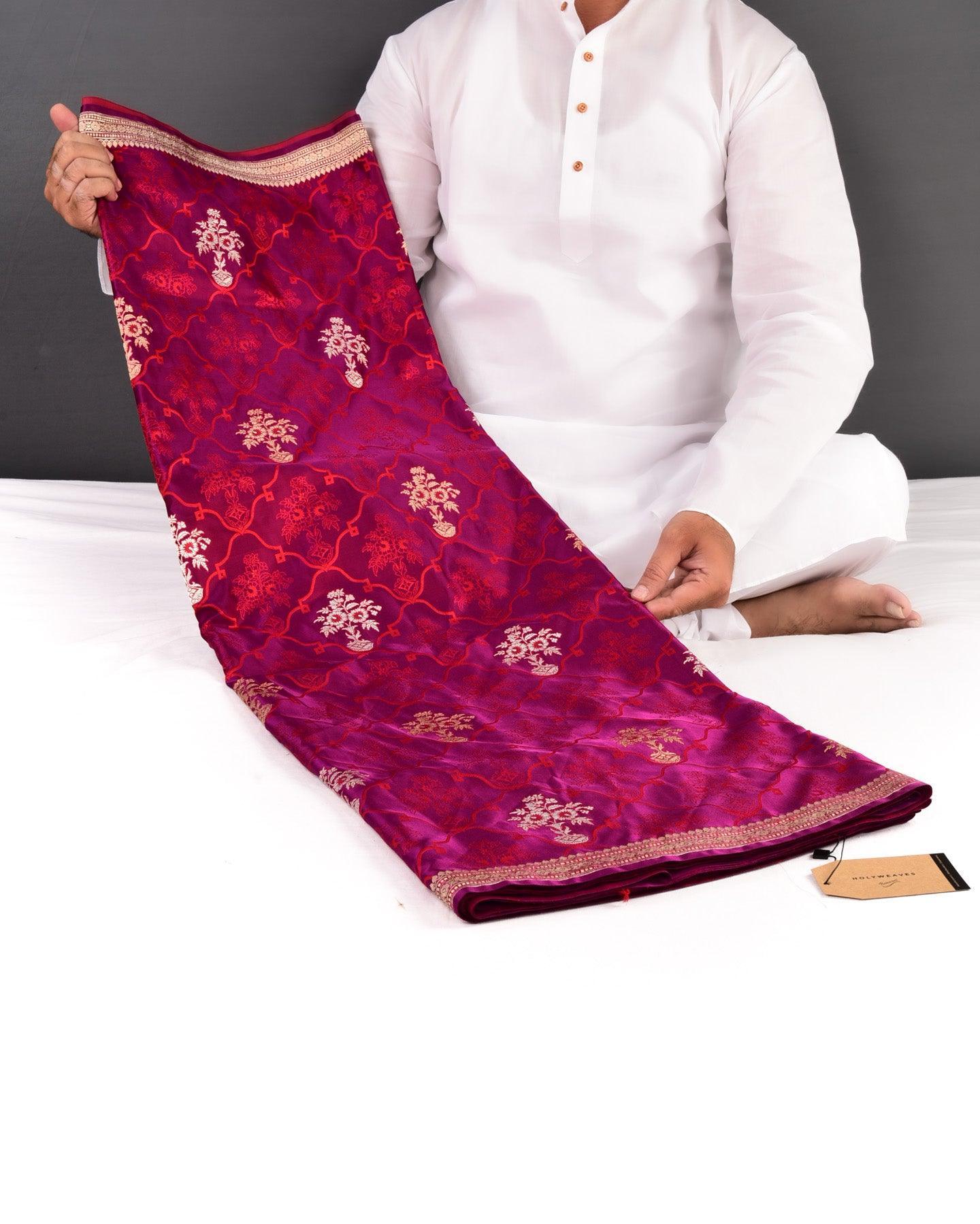 Purple Banarasi Satin Weave Gold and Silver Buta Jangla Tanchoi Brocade Handwoven Katan Silk Saree - By HolyWeaves, Benares