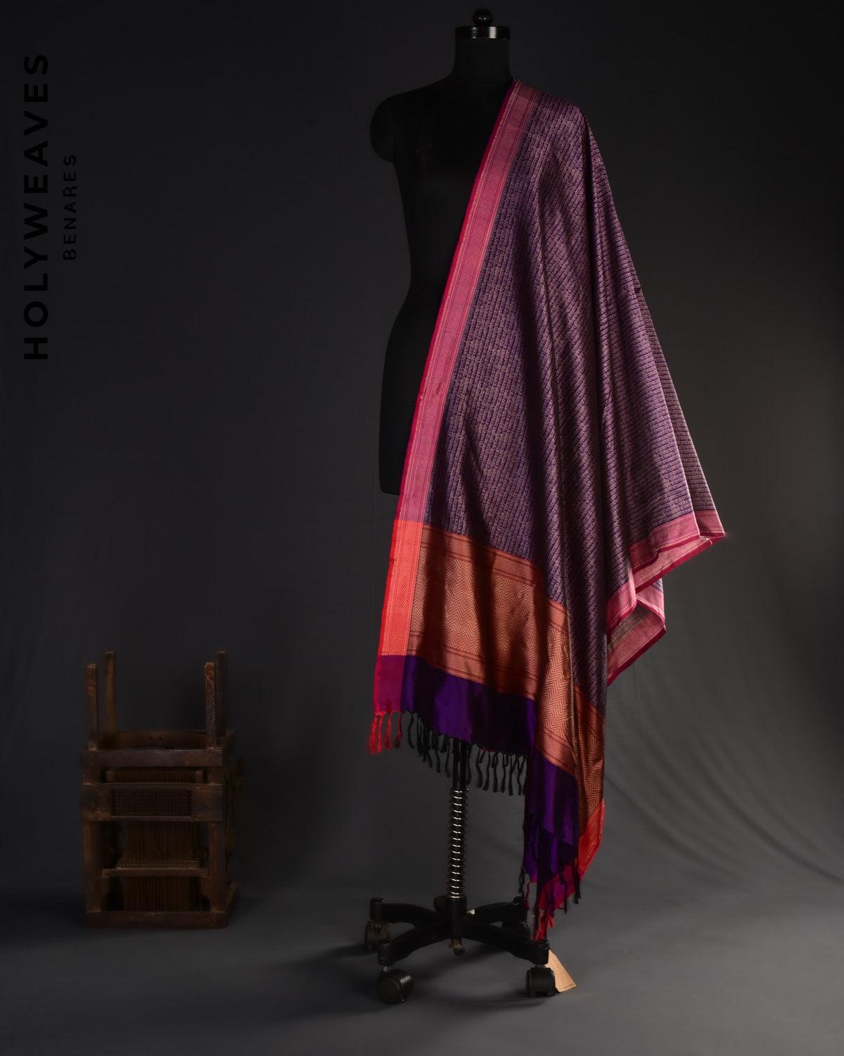 Purple Banarasi Shlok Resham Brocade Handwoven Katan Silk Dupatta - By HolyWeaves, Benares