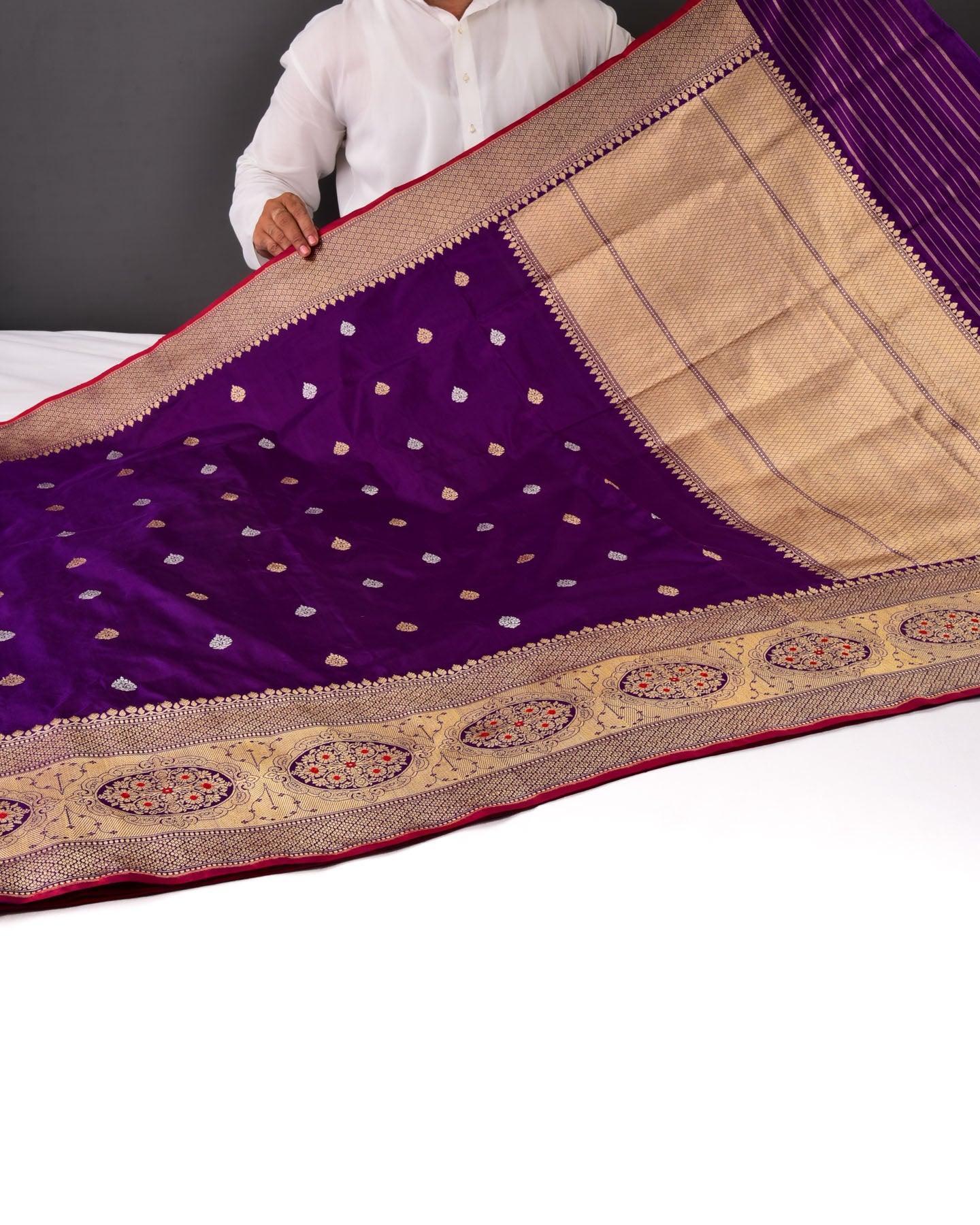 Purple Banarasi Sona-Rupa Zari Buti Kadhuan Brocade Handwoven Katan Silk Saree with Meenekari Border - By HolyWeaves, Benares
