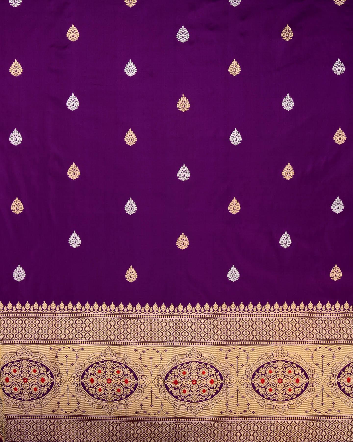 Purple Banarasi Sona-Rupa Zari Buti Kadhuan Brocade Handwoven Katan Silk Saree with Meenekari Border - By HolyWeaves, Benares