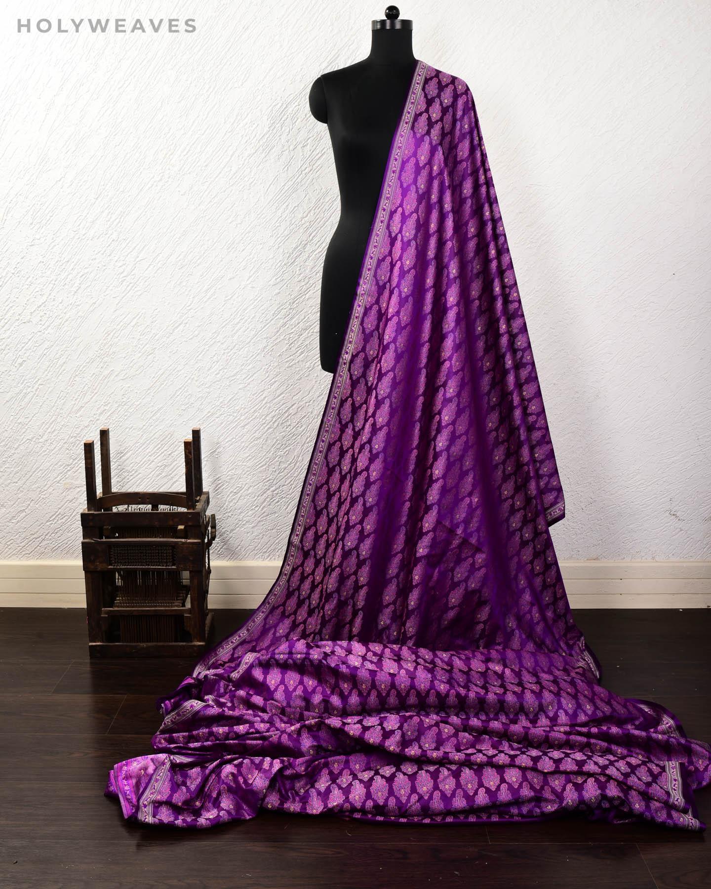 Purple Banarasi Tehra Jamawar Brocade Handwoven Katan Silk Fabric with Zari Accents - By HolyWeaves, Benares